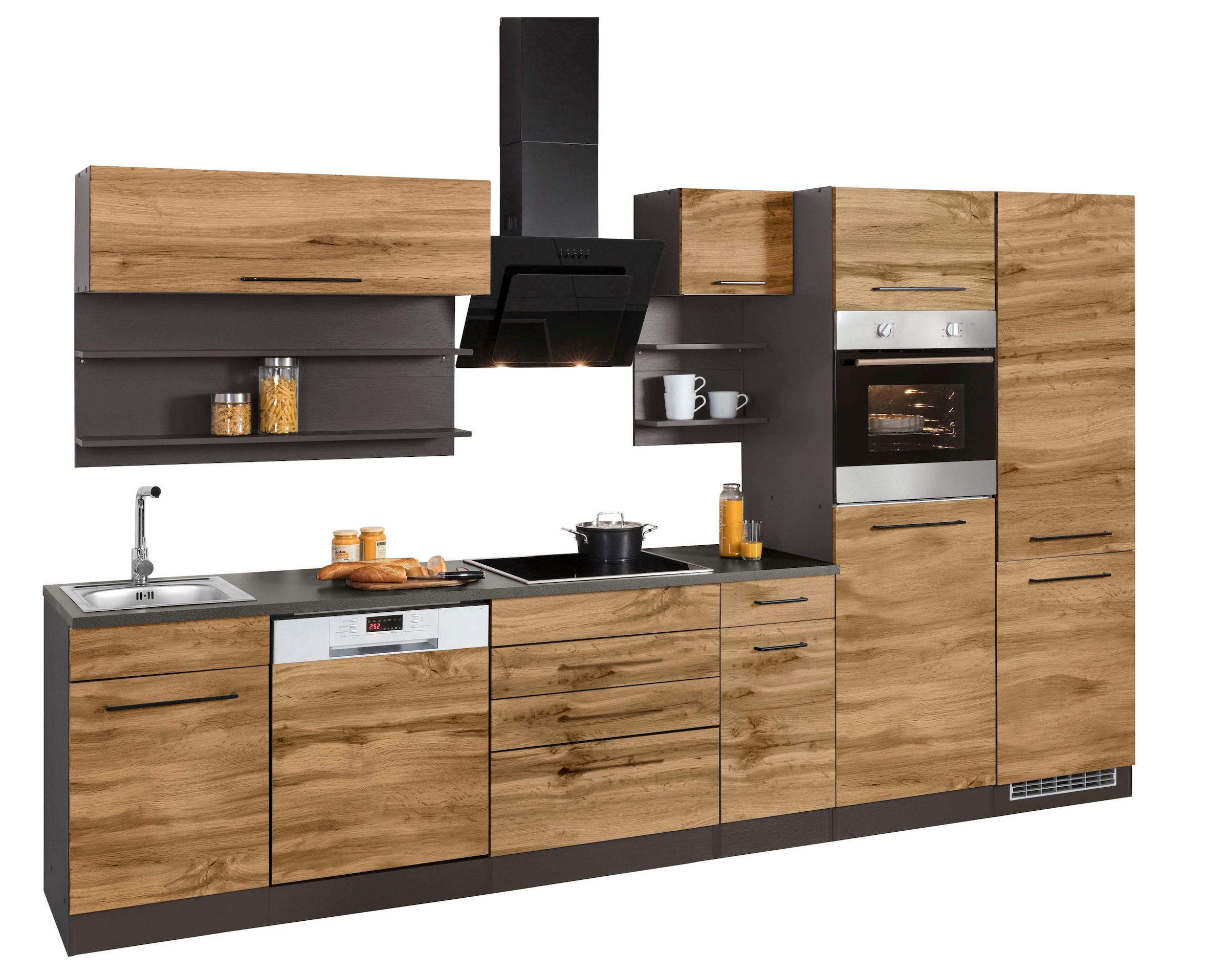 KOCHSTATION Küchenzeile »KS-Tulsa« mit E-Geräten, Breite 330 cm, schwarze Metallgriffe, MDF Fronten