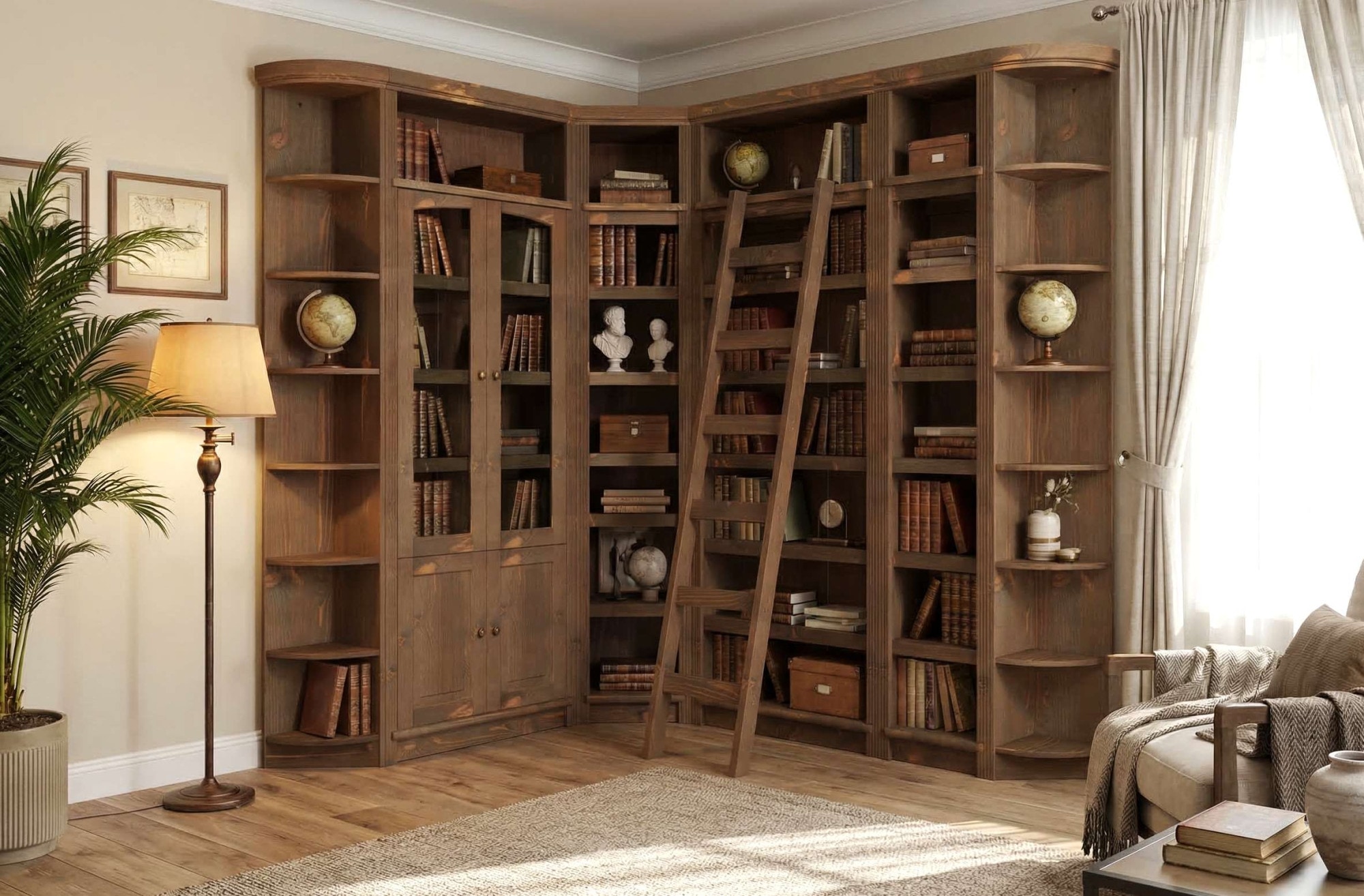 OTTO home Bibliothek »Soeren - 7-tlg. Set: mit 1 Regal B 80 cm., 1 Regal B 40 cm, 1 Eckregal« Set, 7 Stk. tlg. Inkl. 1 Vitrine,2 gerundeten Abschlussregalen und 1 Holzleiter,H220 cm