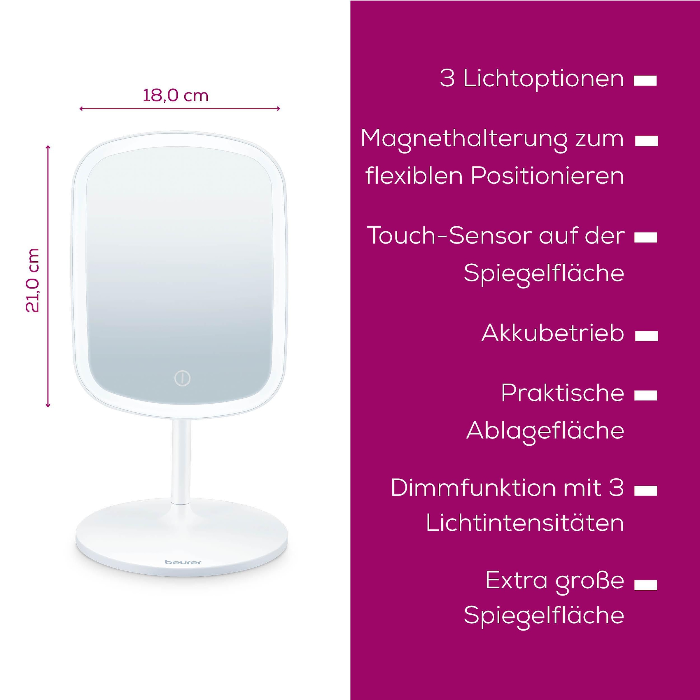 BEURER Kosmetikspiegel »BS 47, beleuchtet, mit Magnethalterung« Drei verschiedene Lichtoptionen, Touch-Sensor auf der Spiegelfläche