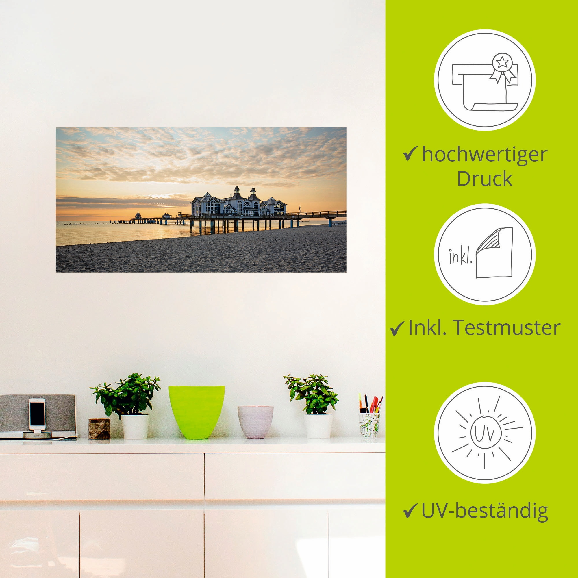 Artland Wandbild »Seebrücke Sellin bei Sonnenaufgang«, Strand, (1 St.), als Leinwandbild, Poster, Wandaufkleber in verschied. Größen