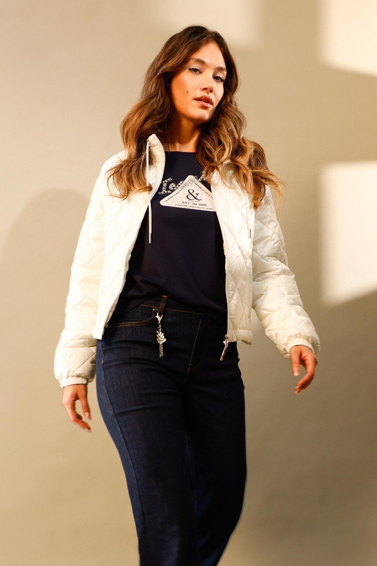 Monari Steppjacke ohne Kapuze mit Neopren-Details, Regular Fit, Sehkragen, Schulterklappen