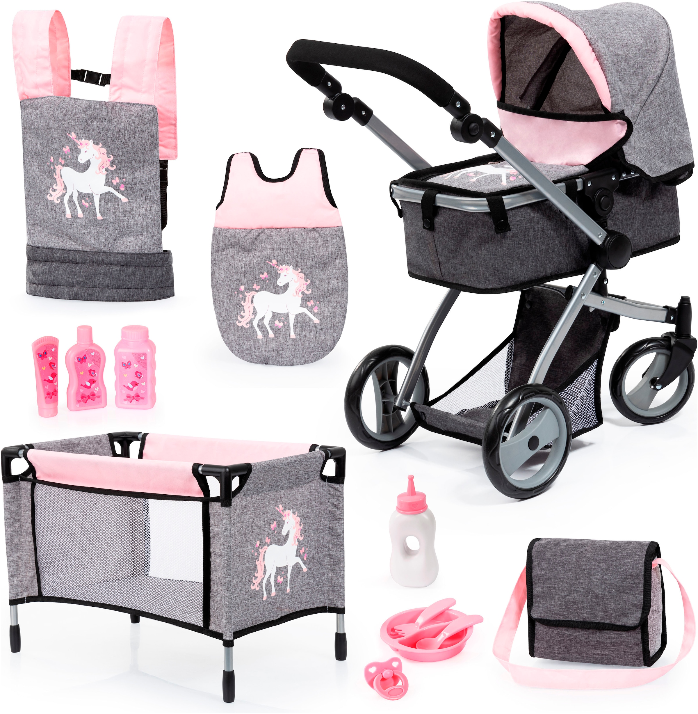 Bayer Puppenwagen »Mega grau/rosa«, (Set), mit Reisebett, Schlafsack, Wickeltasche und Zubehör