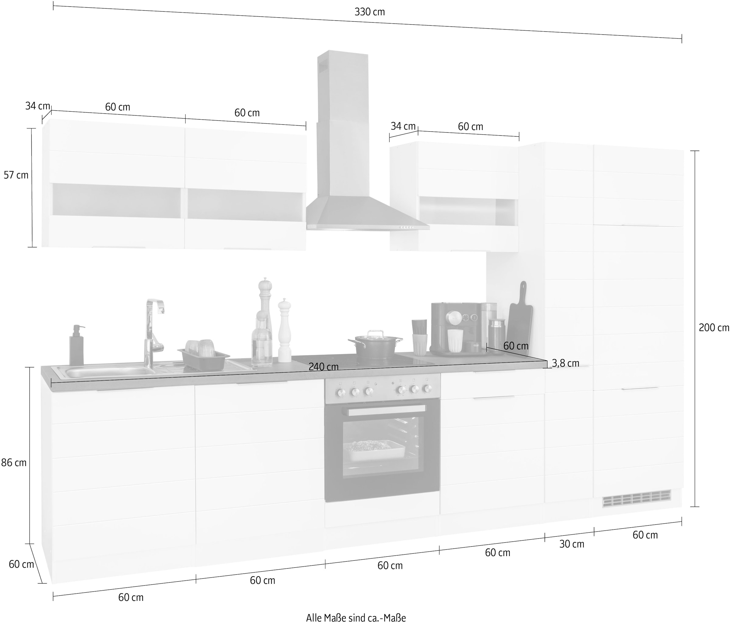 KOCHSTATION Küchenzeile »KS-Luhe« 330 cm breit, wahlweise mit oder ohne E-Geräten, gefräste MDF-Fronten