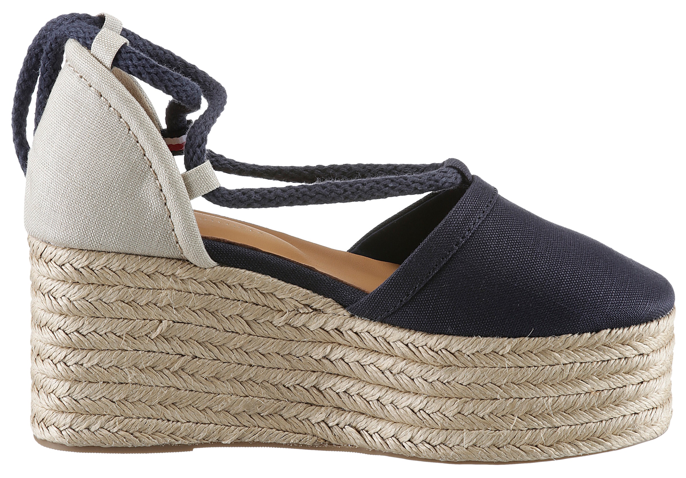 Tommy Hilfiger Espadrille »CLOSED TOE LINEN FLATFORM«, Sommerschuh, Keilabsatz, mit schöner Fesselschnürung