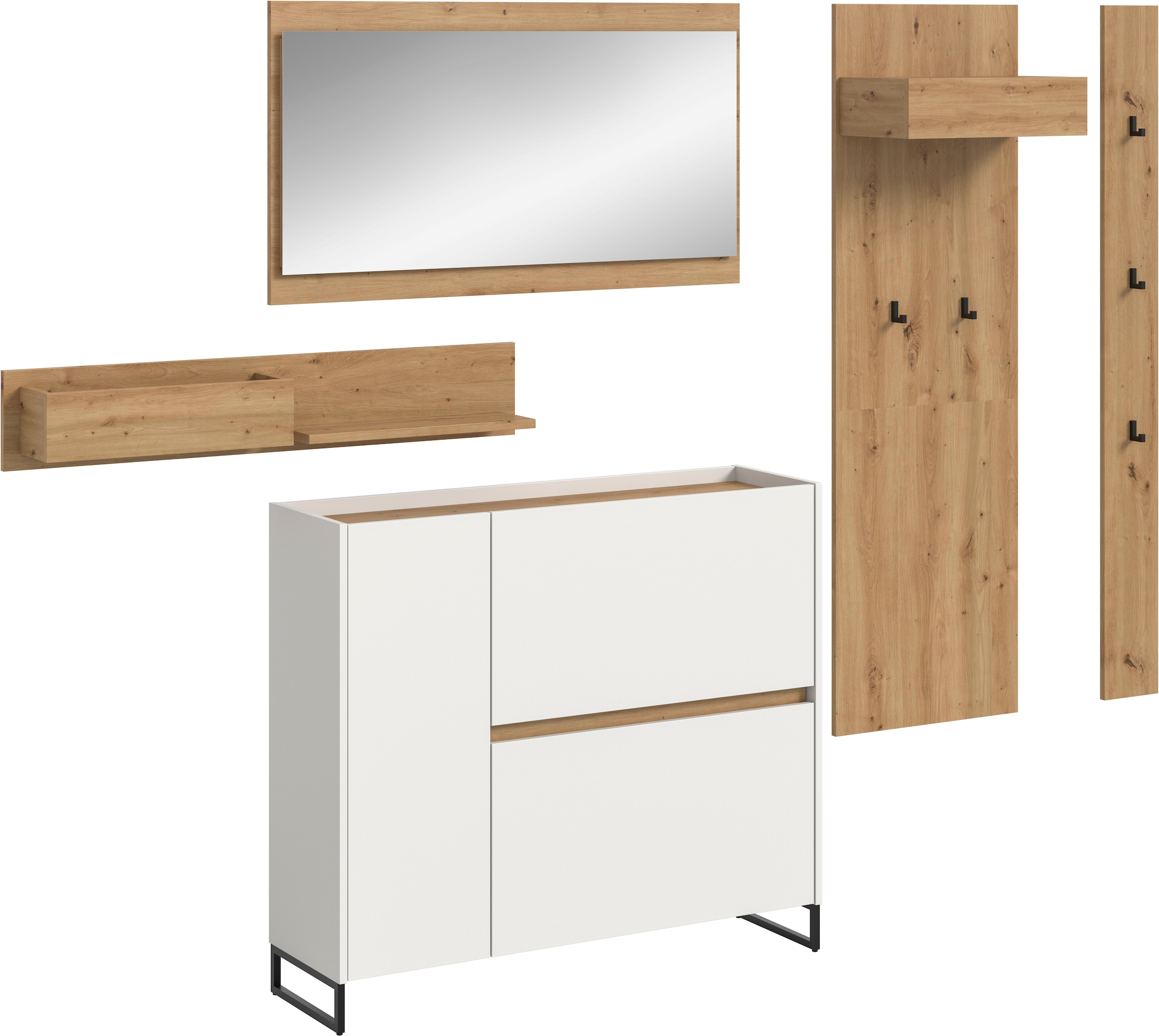 Home affaire Garderoben-Set »EVRID, 5-teilig, Breite 236 cm, individuell stellbar & erweiterbar« best. aus: Wandboard, Kommode, Spiegel, Garderobenpaneel, Hakenleiste, 5 Stk. tlg.