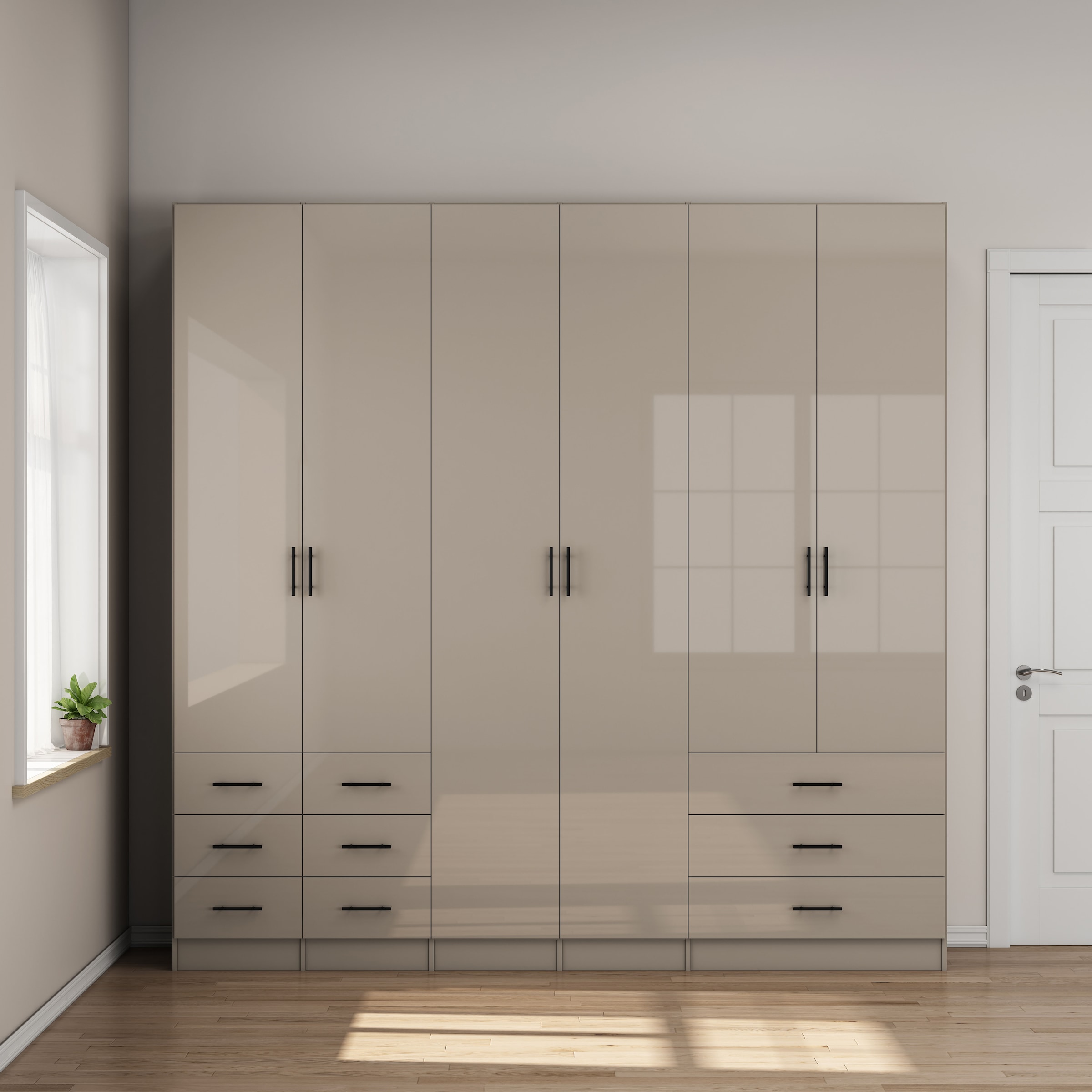 OTTO home Kleiderschrank »Trento Schlafzimmerschrank Garderobe hochglanz« in 2 unterschiedlichen Schrankhöhen wählbar,  Schrank mit 6 Türen und 9 Schubladen, Hochglanz-Fronten, 2,39m Höhe