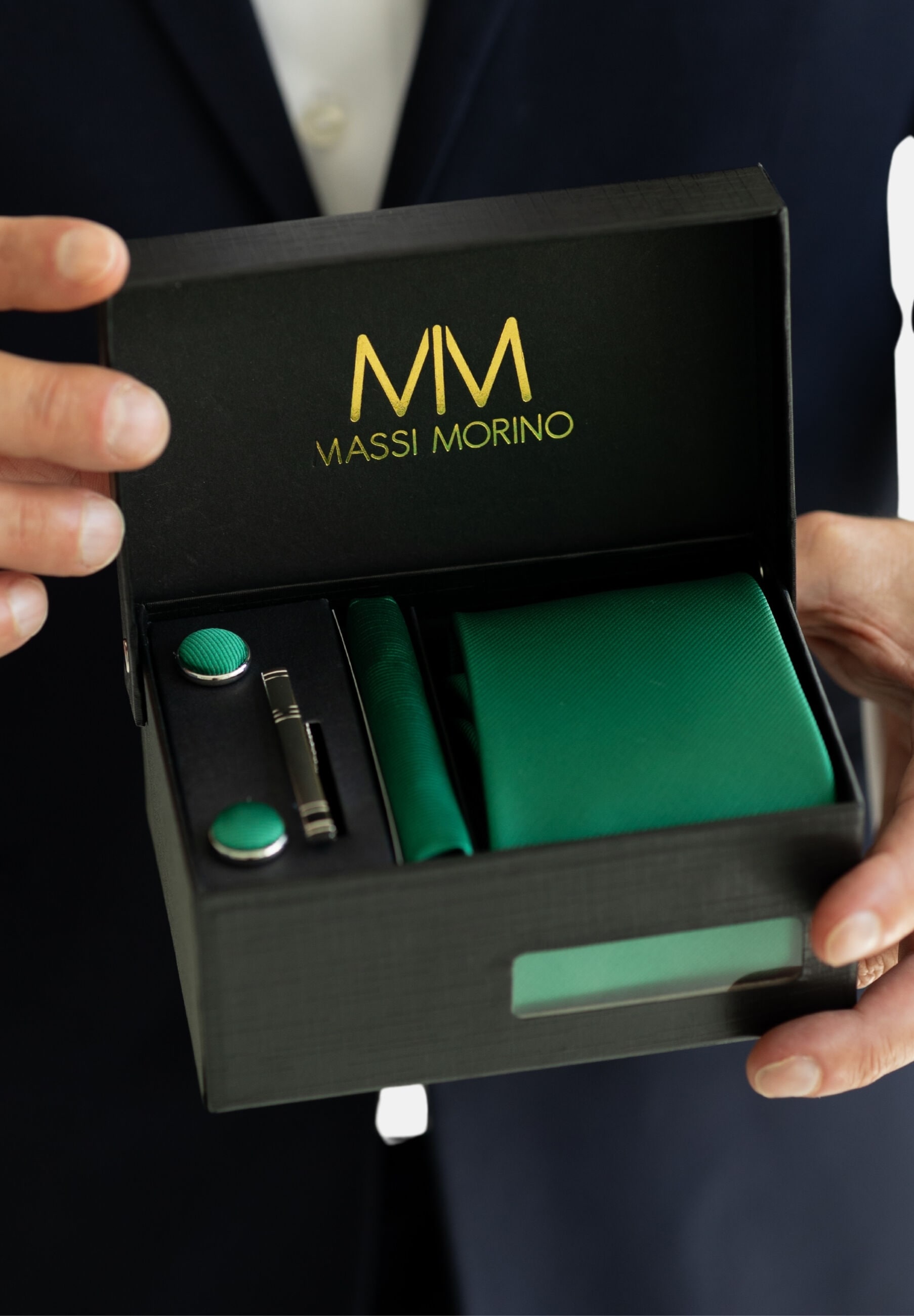 Massi Morino Krawatte »Massi Morino Krawatten-Set« mit Einstecktuch, Manschettenknöpfen und Krawattenklammer