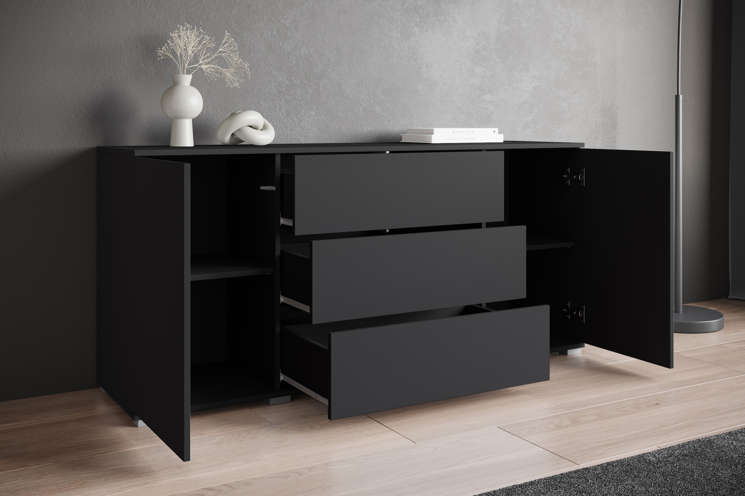 INOSIGN Sideboard »Kenia«, (1 St.), Modernes Sideboard mit 3 Schubladen und 4 Fächern, Breite 150 cm