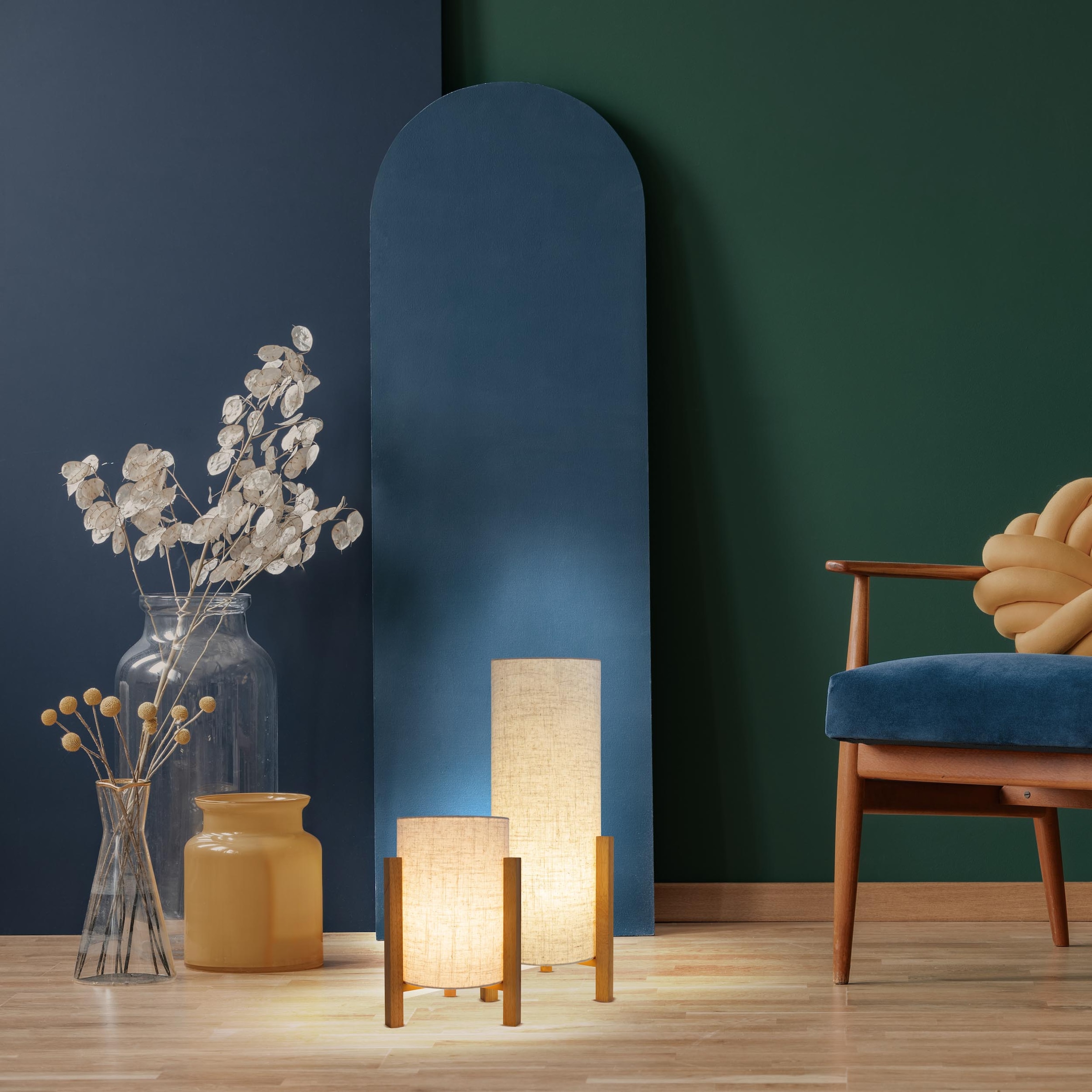 näve Tischleuchte »Matida«, 1 flammig, Leuchtmittel E27 | ohne Leuchtmittel, 1xE27 exkl., Holzgestell, Textilschirm natur, H: ca. 52cm, D: ca. 22cm