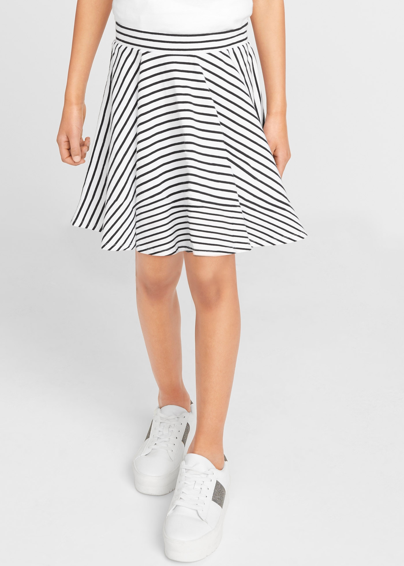 bonprix Jerseyrock Packung, 2 Stk. aus Jersey, kniefrei, ausgestellte Form, gestreift und uni