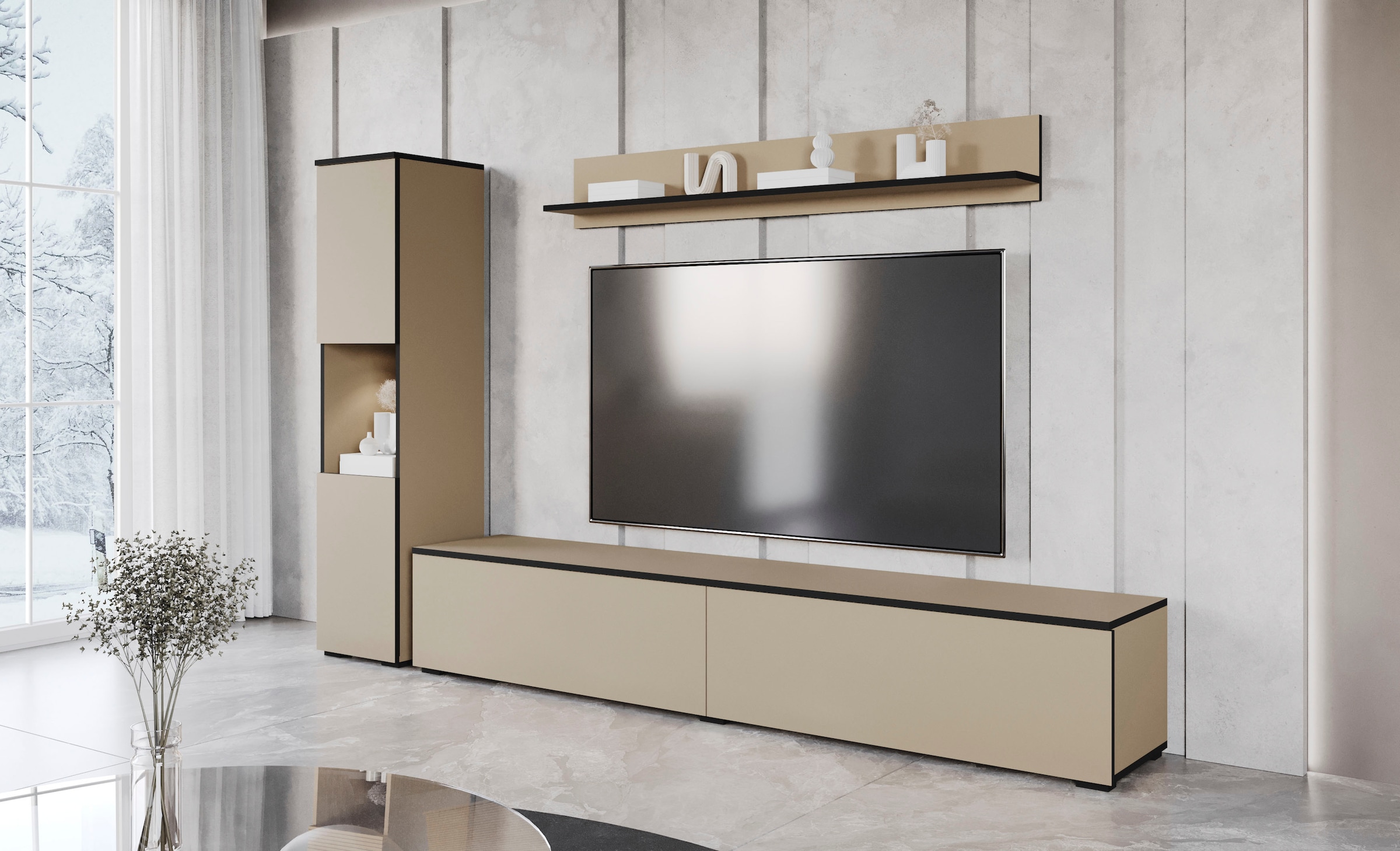 INOSIGN Wohnwand »PARIS, Vitrine Türanschlag links/rechts wechselbar«, (Komplett-Set, 3 St.), grifflose Design, stehend und hängend montierbar