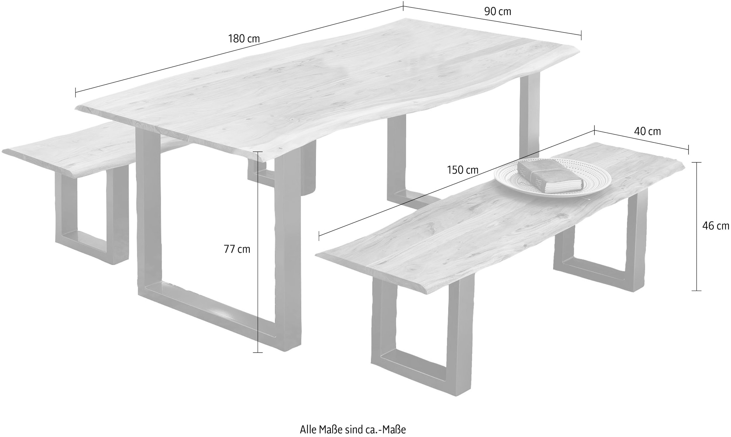 SIT Essgruppe, (Set, 3 tlg., 1 Tisch und 2 Bänke), Mit natürlicher Baumkante