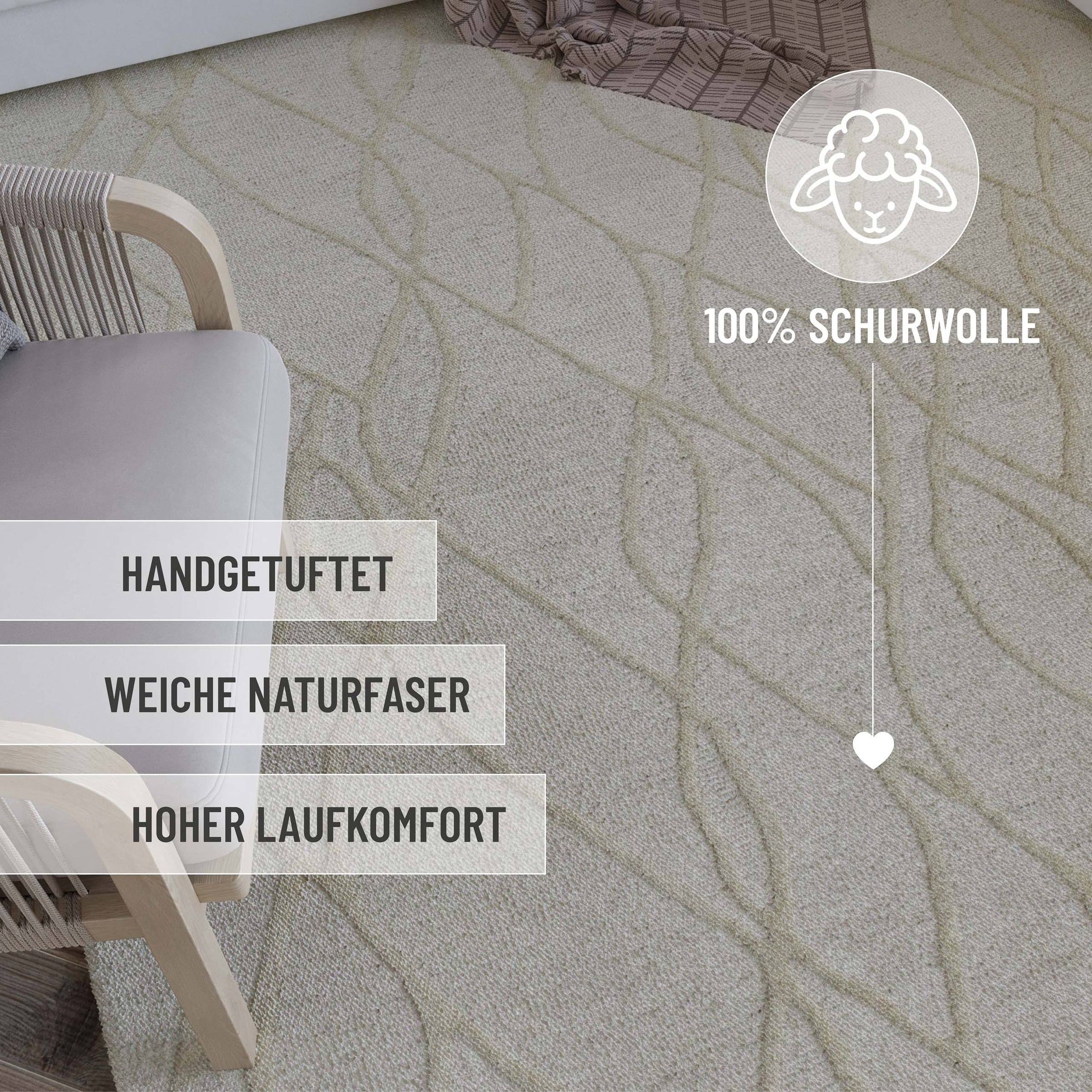 Wecon home Wollteppich »Hamptons TWENTYTHREE«, rechteckig, 15 mm Höhe, Läufer, Schurwolle, Kurzflor, Wohnzimmer, Schlafzimmer, Wellen