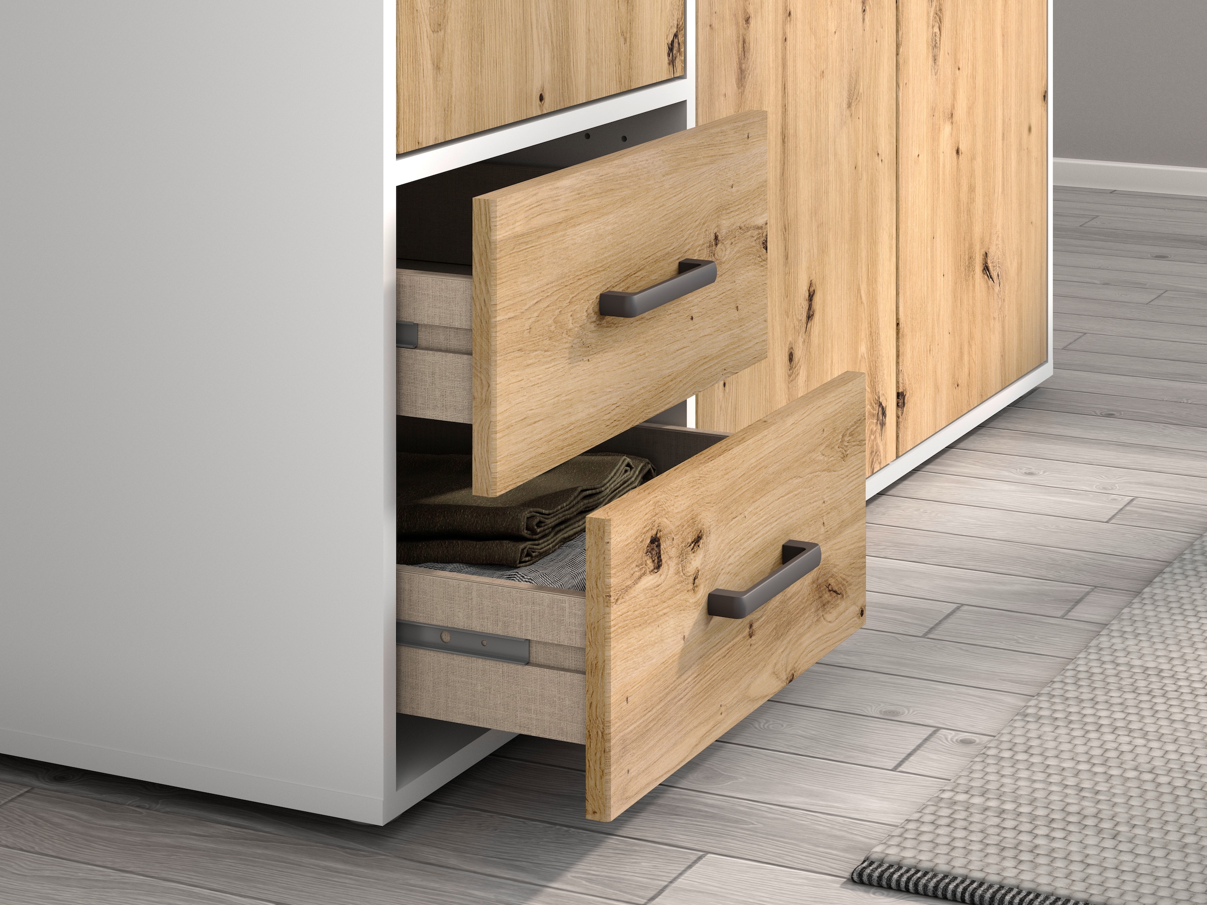 rauch Drehtürenschrank »Kleiderschrank Schrank Garderobe Wäscheschrank VOYAGER«, (in 3 verschiedenen Ausstattungen BASIC/CLASSIC/PREMIUM), moderne Griffe in Graumetallic mit Außenschubkästen MADE IN GERMANY