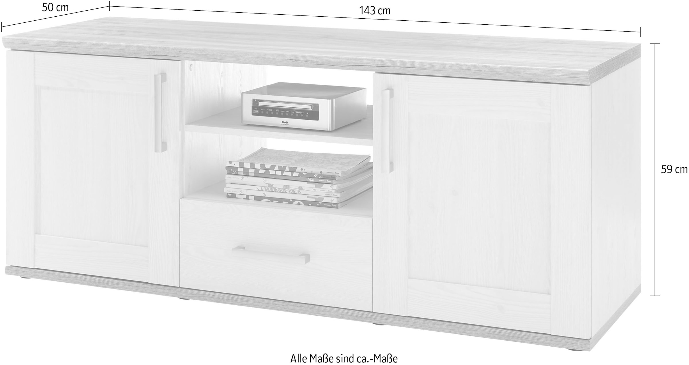 HBZ Lowboard »Romance Landhaustil, TV Möbel bis 55 Zoll, BxHxT 143x59x50 cm«, (1 St.), Mit 2 Türen, 2 offene Fächer, 1 Schubkasten