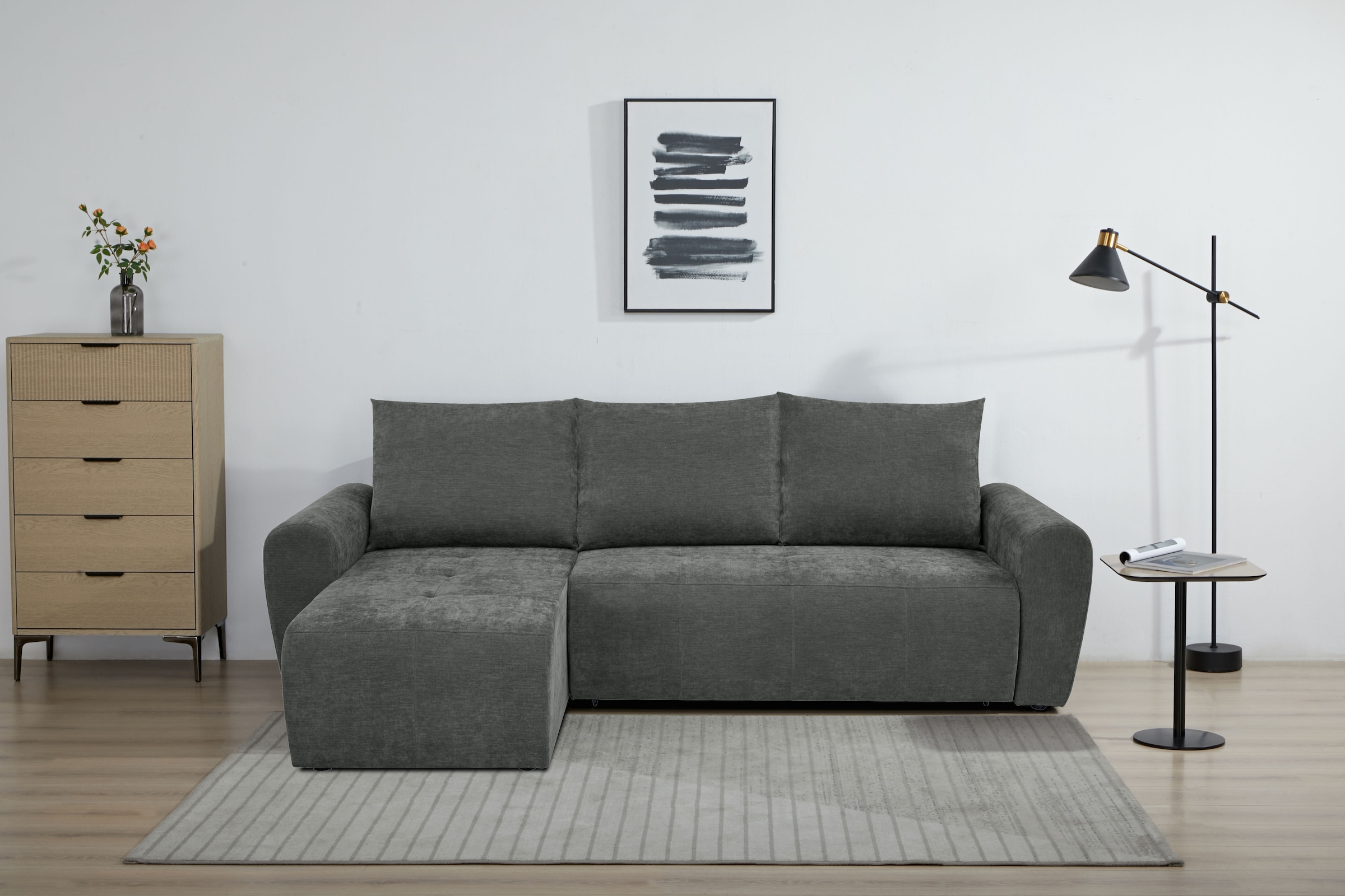 Home affaire Ecksofa »Nortrud-Chester, 241 cm, L-Form, mit Schlaffunktion u. Bettkasten« Recamiere rechts / links montierbar, Steppung, Feinstruktur-Bezug