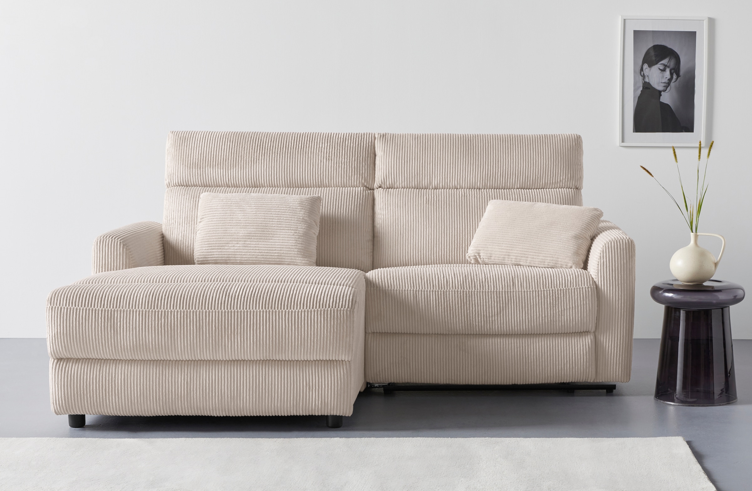 INOSIGN Ecksofa »JENNA, L-Form, 209cm, manuelle u. elektrische Funktion, mit USB A/C,«, Liegefunktion 105°-150°, Federkern, Cord