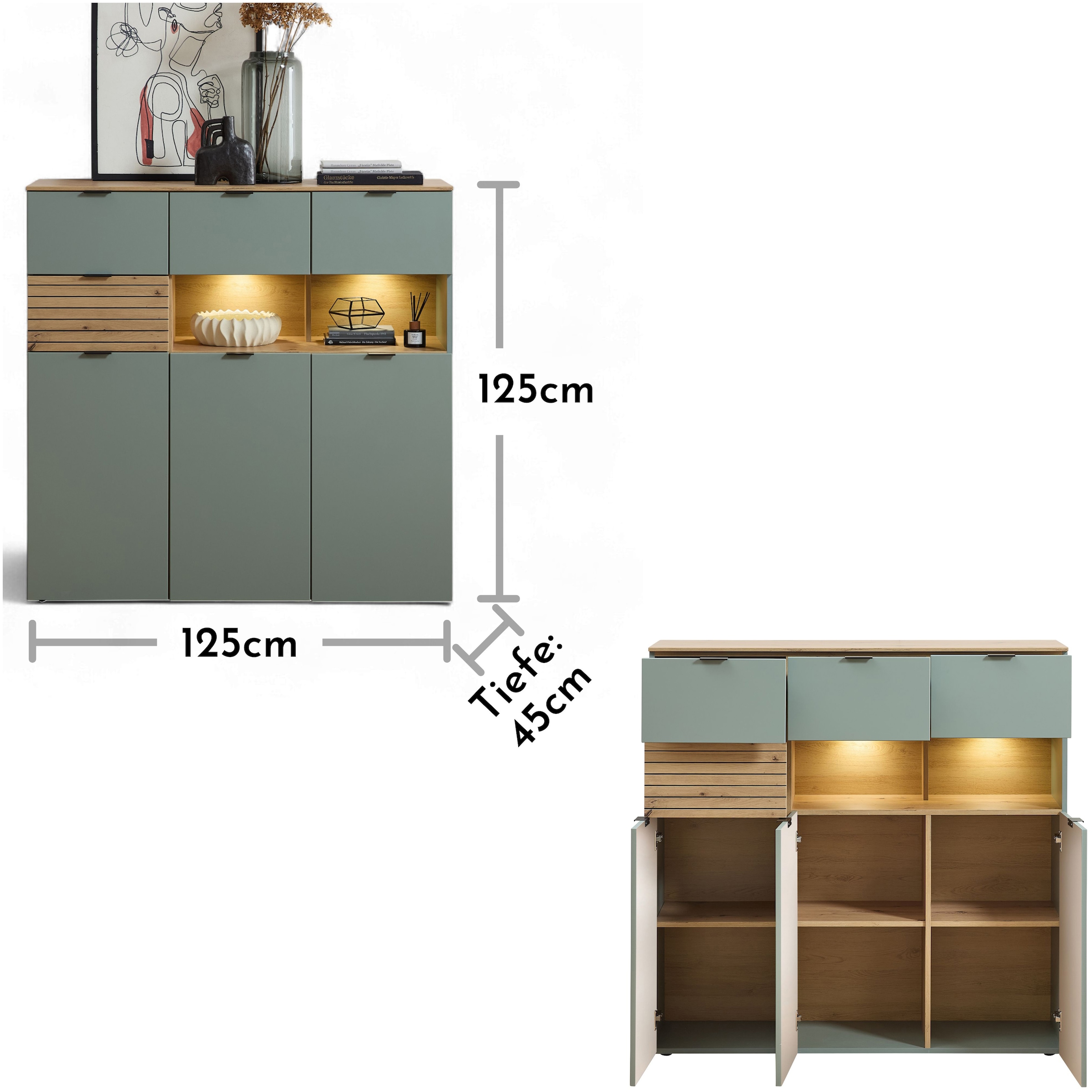 Innostyle Highboard »INA Highboard, 125 x 125 x 45 cm (B/H/T)« 1 Stk. tlg. 3 türig, 4 Schubladen, inkl. Beleuchtung, Softclose