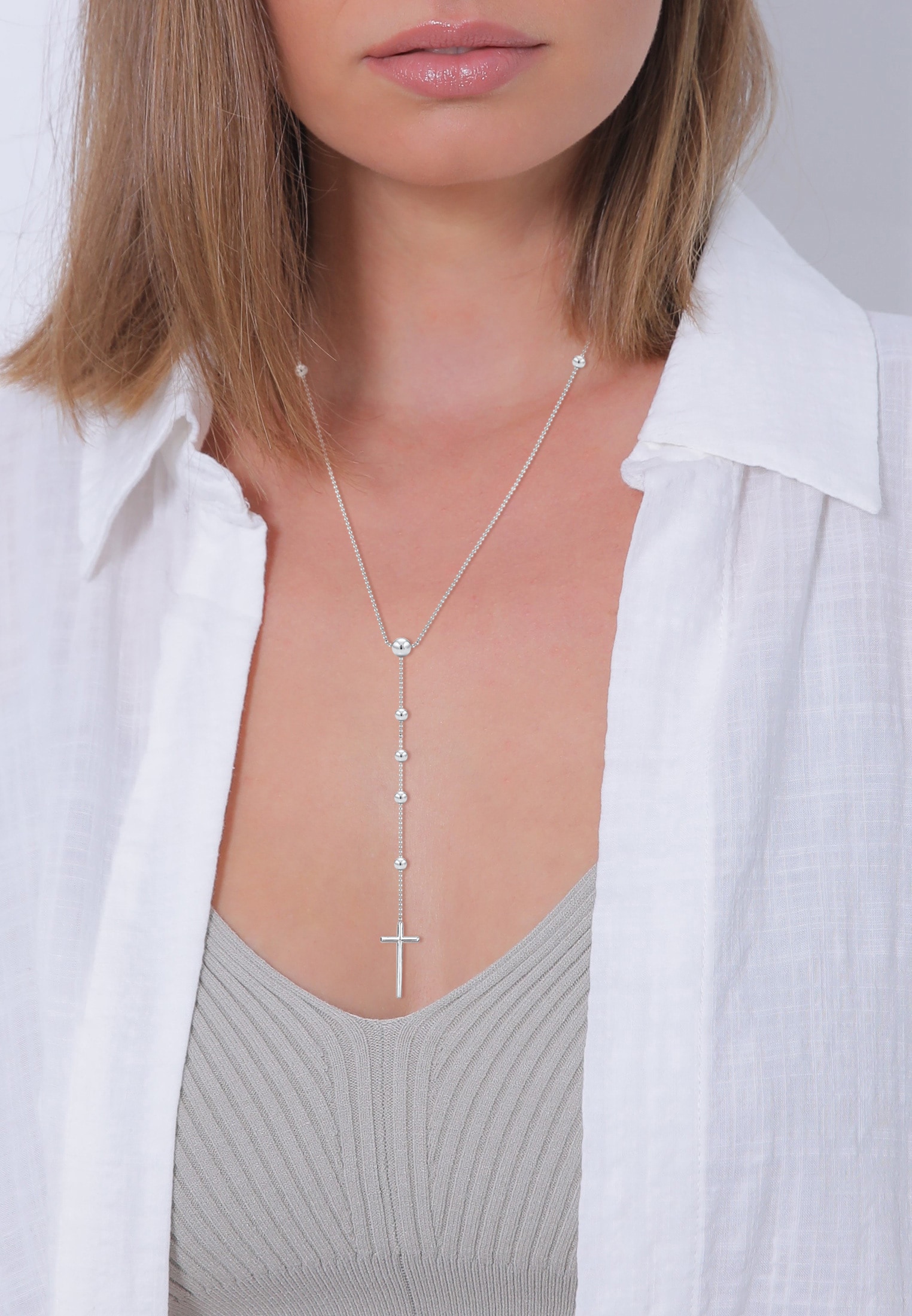 Elli Premium Kette mit Anhänger »Halskette Rosenkranz Kette Kreuz Taufe Religion 925 Sterling Silber«