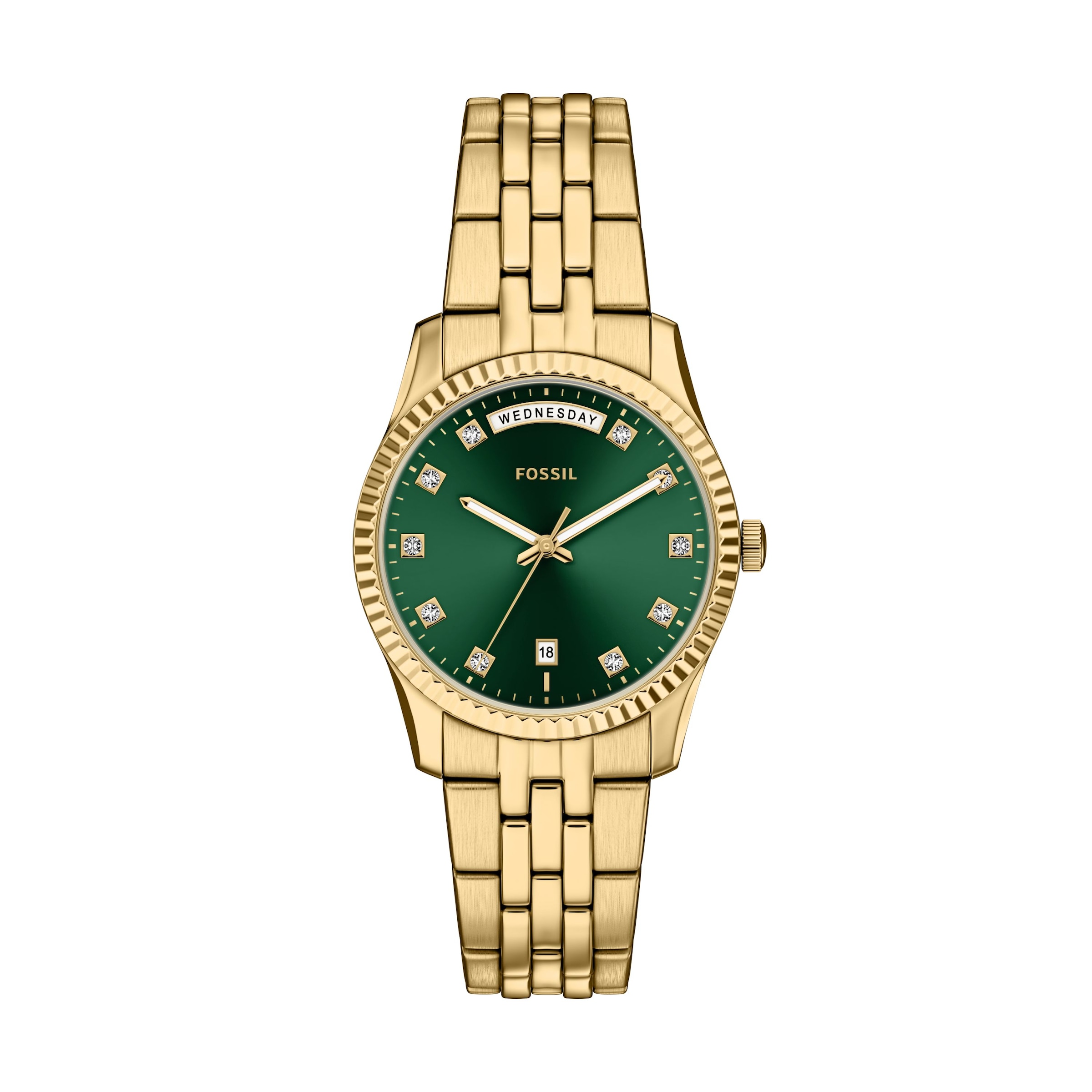 Fossil Quarzuhr »Scarlette« Armbanduhr, Damenuhr, Edelstahlarmband, analog, Tag, Wochentag