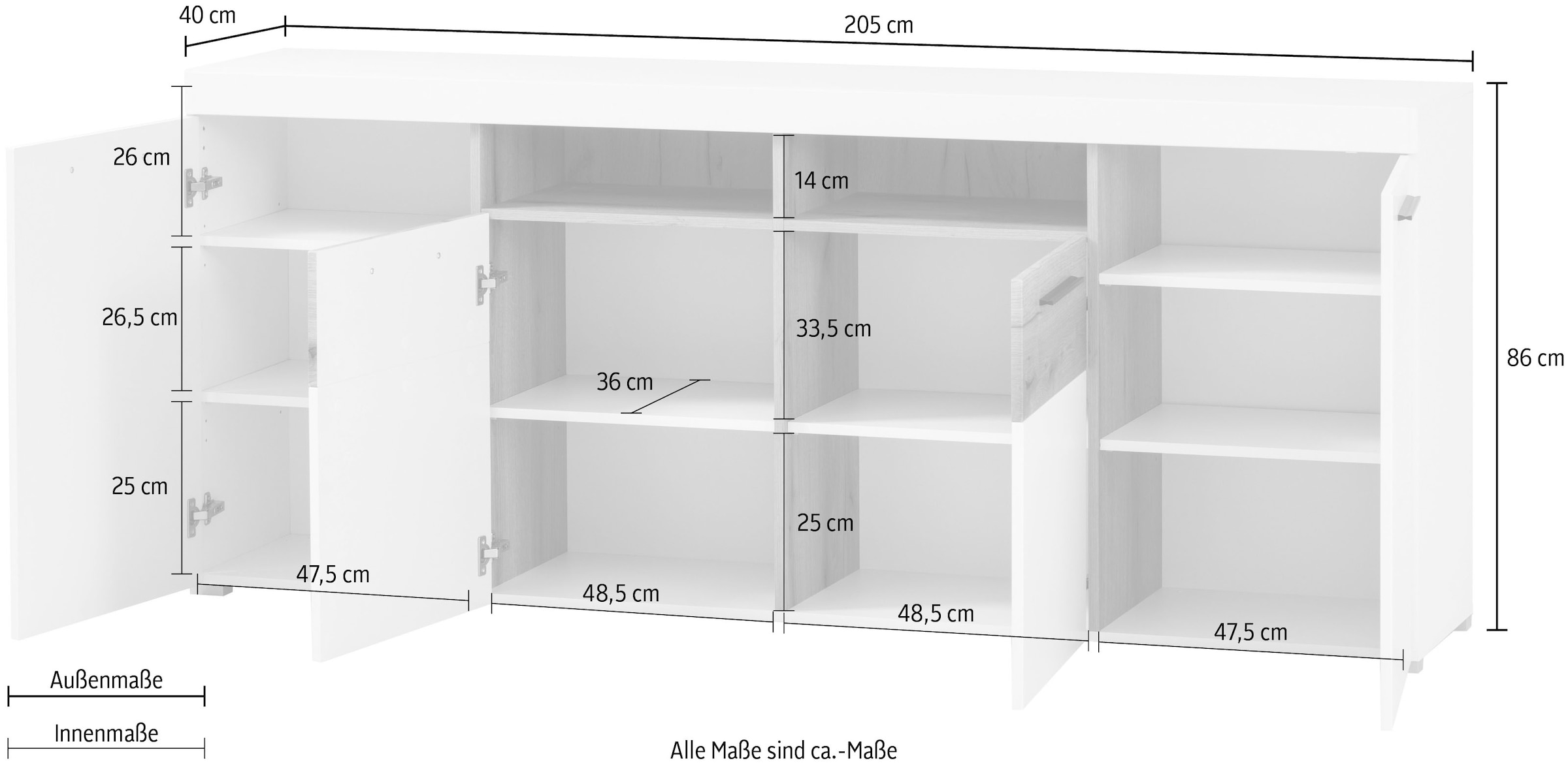 Home affaire Sideboard »Salerno, moderner Schrank, Highboard in Weiß mit Eiche Evoke Dekor« Metallgriffe, ausreichend Stauraum, vielseitig einsetzbar, 205cm breit
