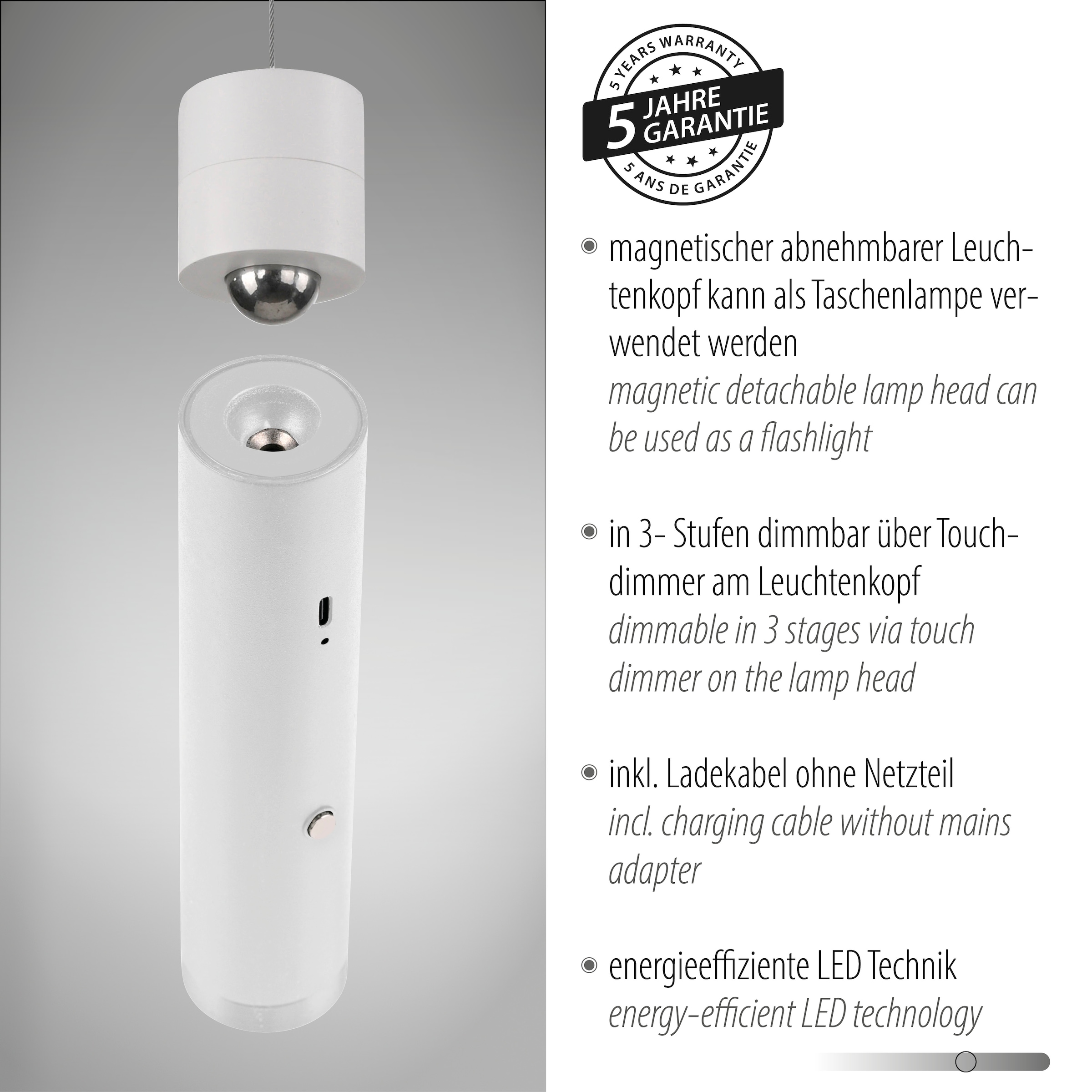 JUST LIGHT Pendelleuchte »ATTACH«, 1 flammig, Leuchtmittel LED-Modul | LED fest integriert, Akkuleuchte