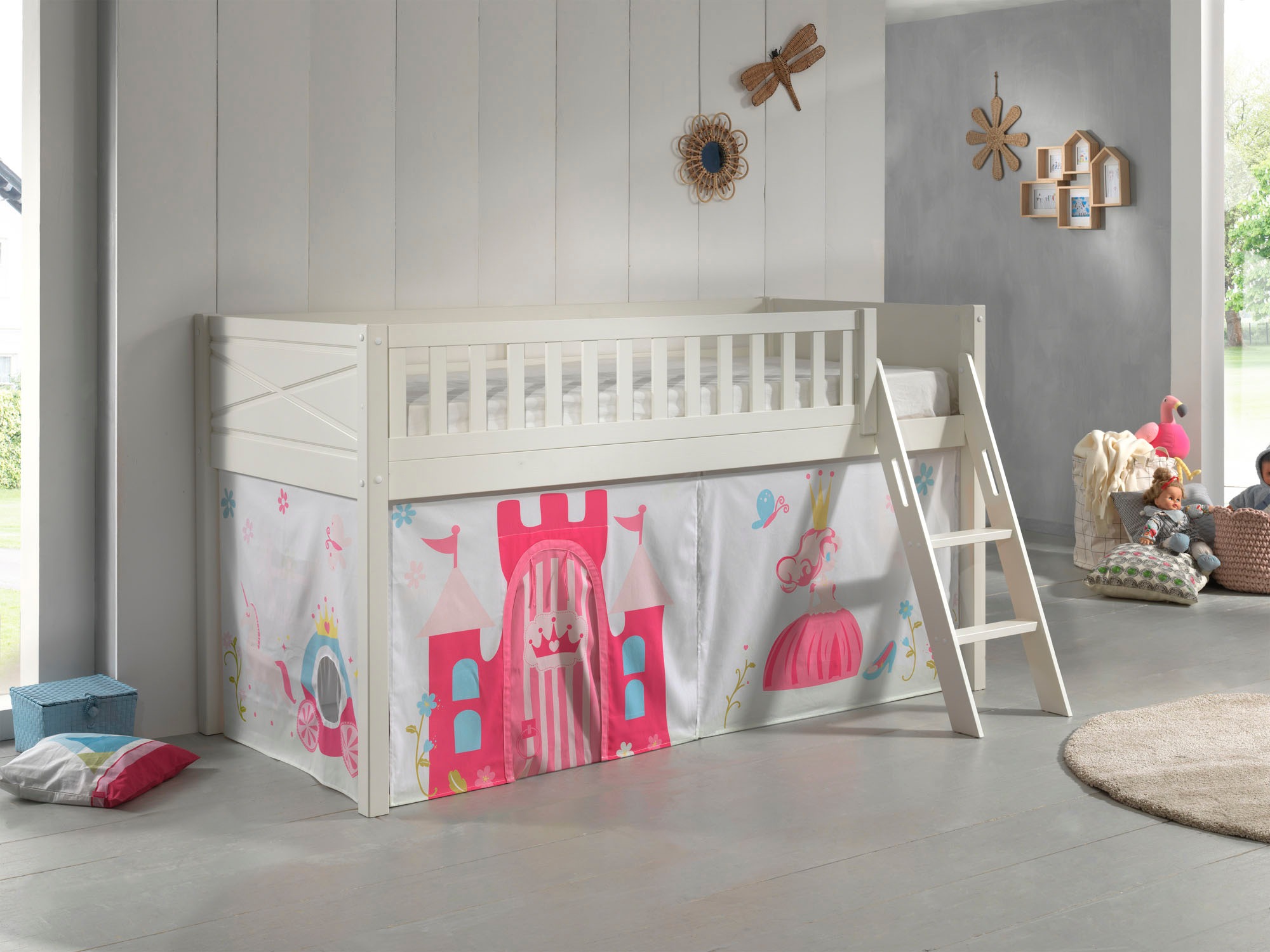 Vipack Hochbett »Scott«, (Made in Europe), mit schräger Leiter, LF 90x200 cm, Vorhang, Tunnel, 4 Designs