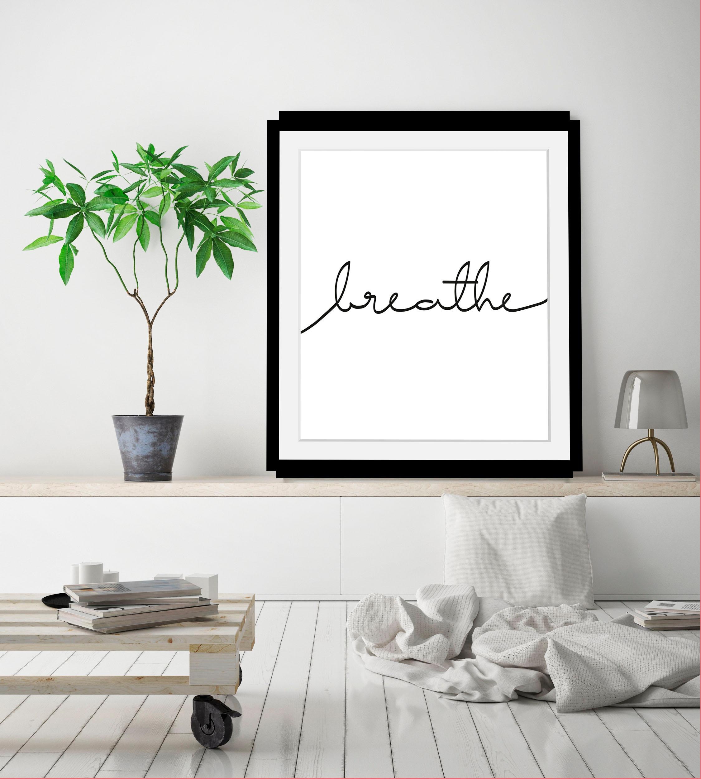 queence Bild »Breathe«, Schwarz-Weiß-Schriftzug-Motivationsbilder-Spa-Spa Bilder, HD Premium Poster-Druck inkl. Holzrahmen