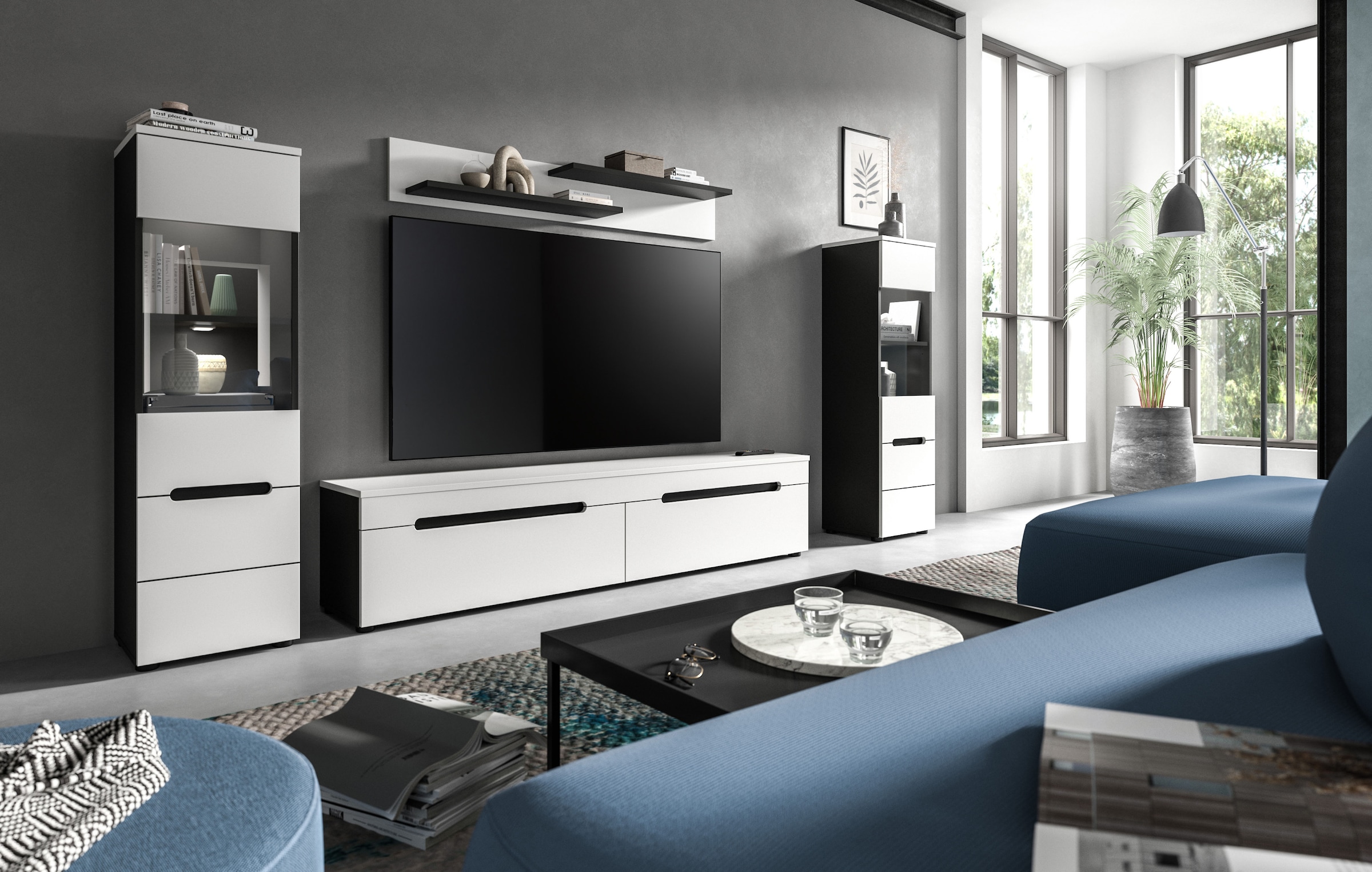 Home affaire Wohnwand »REHAT, TOPSELLER!, 4-teilig, inkl. Beleuchtung, stehend oder hängend« Set bestehend aus: 2x Vitrine inkl. Beleuchtung, Lowboard & Wandboard, 4 Stk. tlg.