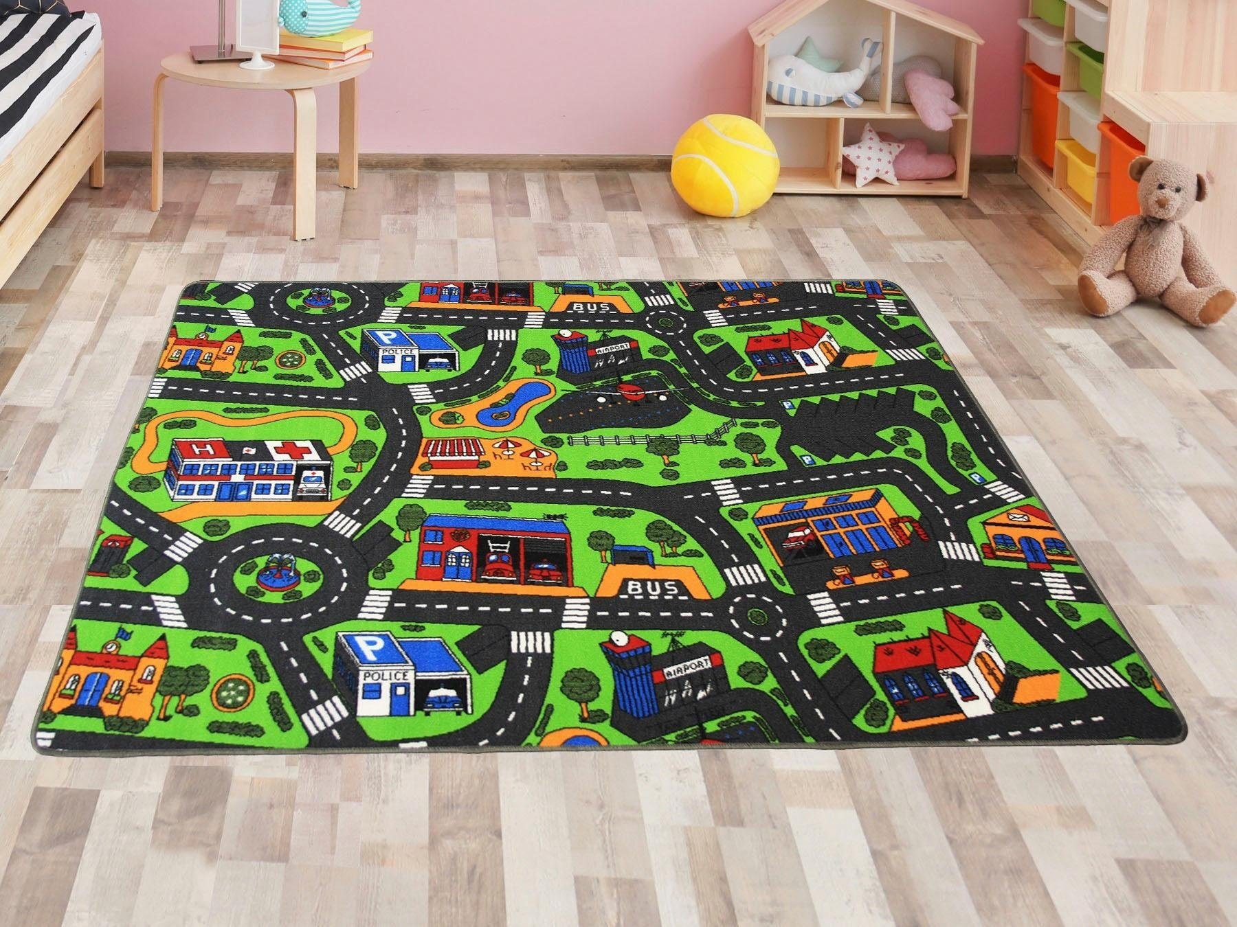 Primaflor-Ideen in Textil Kinderteppich »CITY«, rechteckig, 5 mm Höhe, Straßen-Spiel-Teppich, Straßenbreite ca. 9 cm, Kinderzimmer