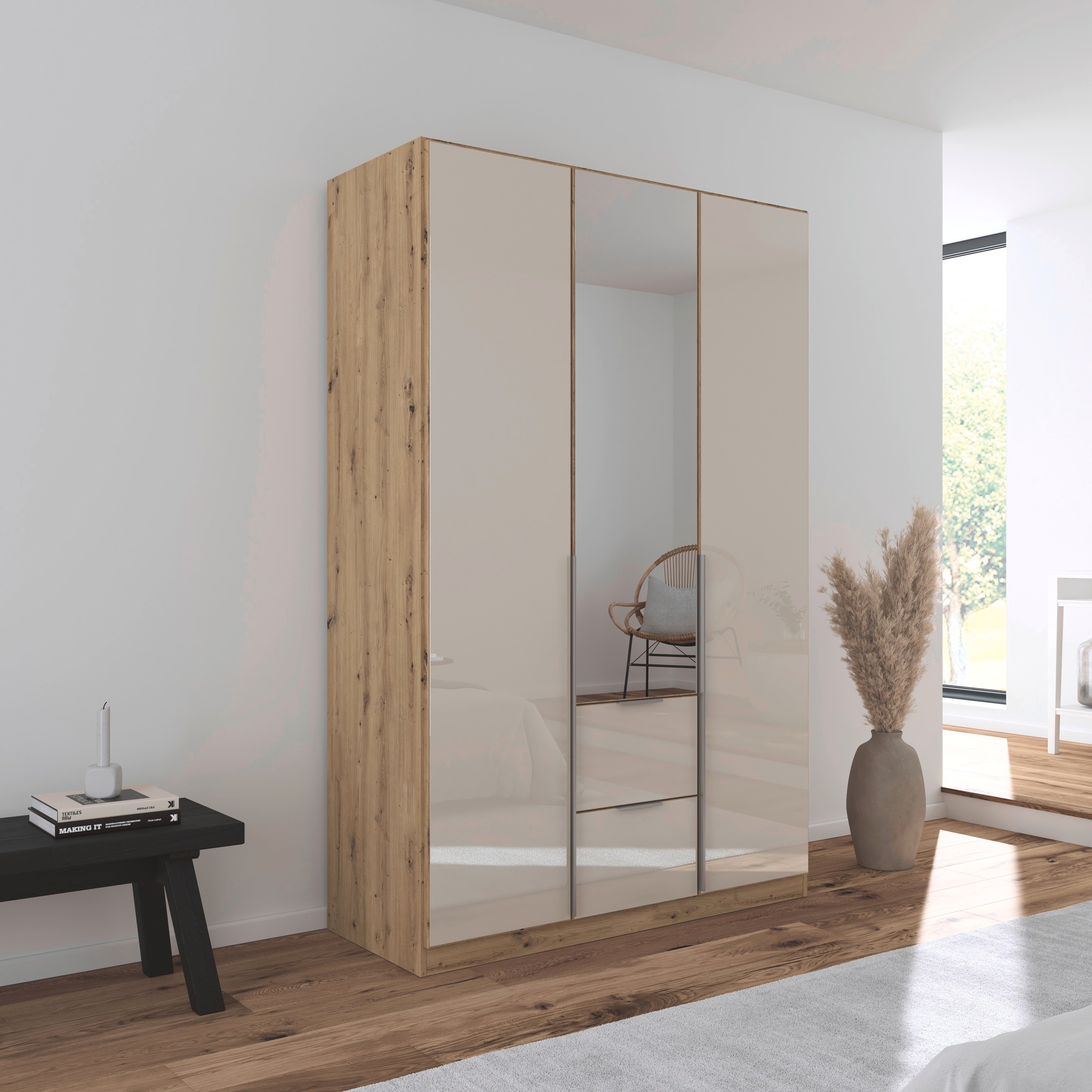 rauch Drehtürenschrank »Kleiderschrank Kleiderschränke Schrank Garderobe AGORDO mit Glasfront«, (in zwei Griff-Farben mit Glasfront), mit Außenschubkästen, in 6 Breiten und 2 Höhen MADE IN GERMANY