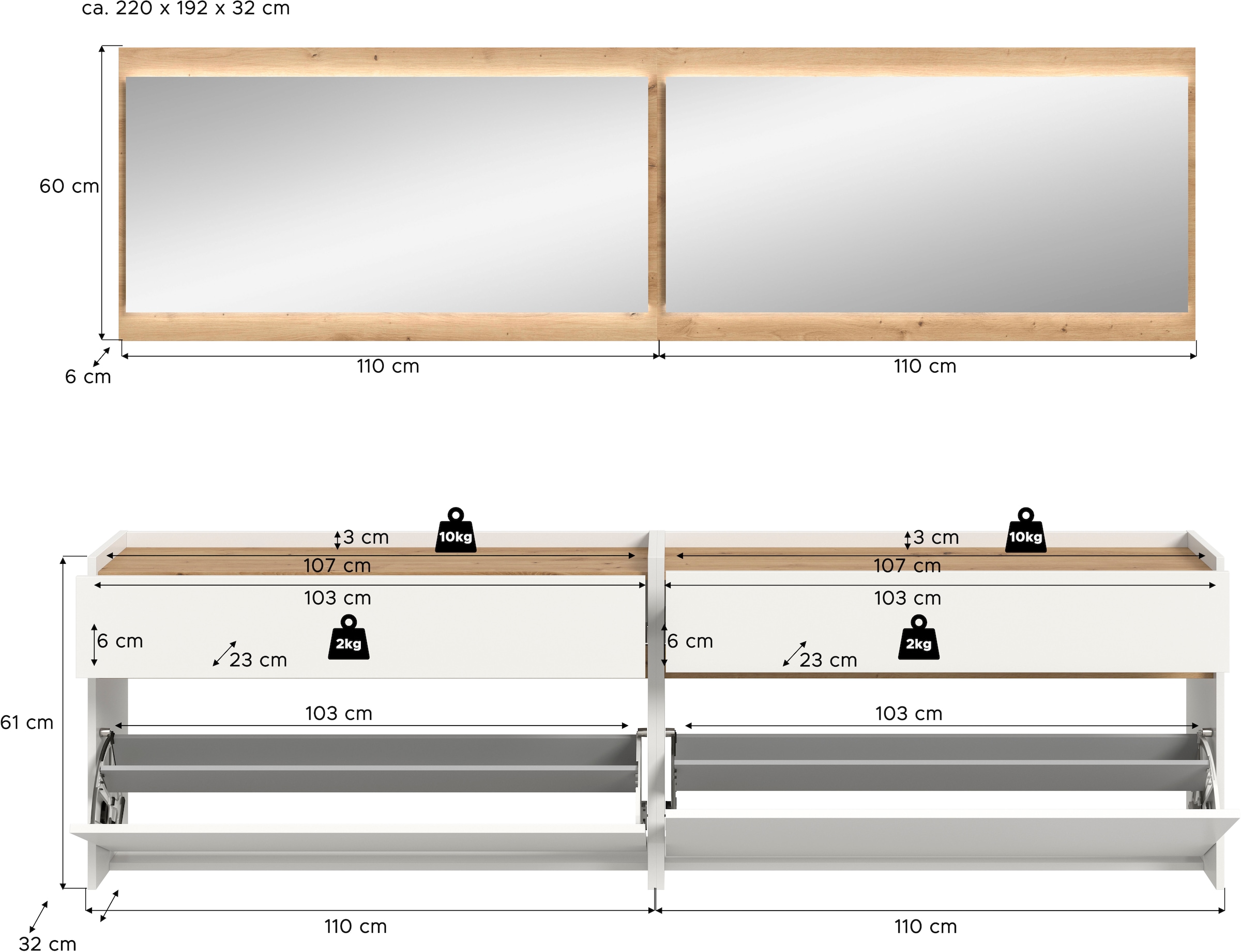 Home affaire Garderoben-Set »EVRID, 4-teilig, Breite 220 cm, inkl. Beleuchtung« best. aus: 2x Kommode und 2x Spiegel, 4 Stk. tlg.