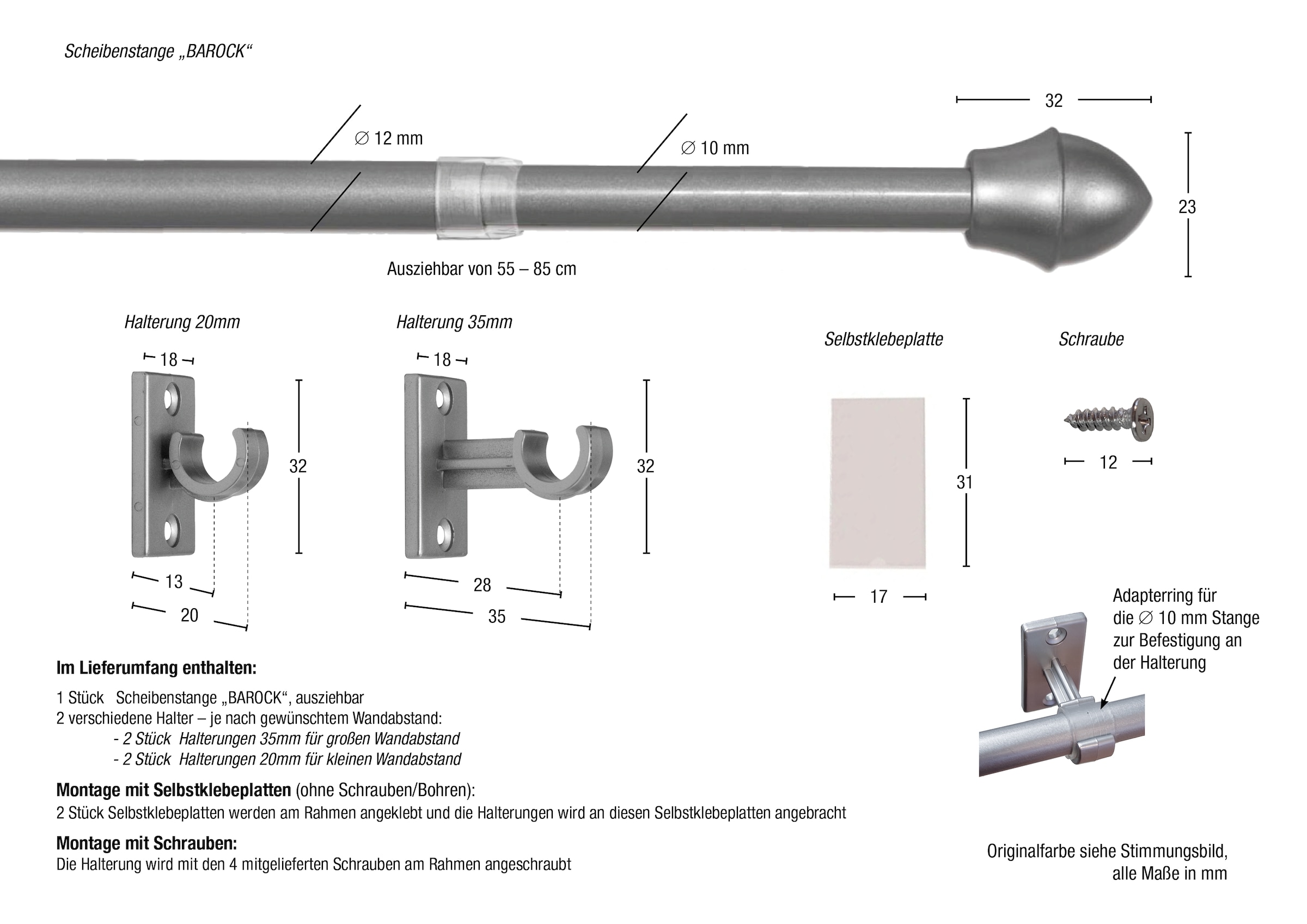 GARESA Scheibenstange »BAROCK« Ø 13 mm 1 läufig-läufig ausziehbar Montage zum Schrauben oder klemmen, ausziehbar