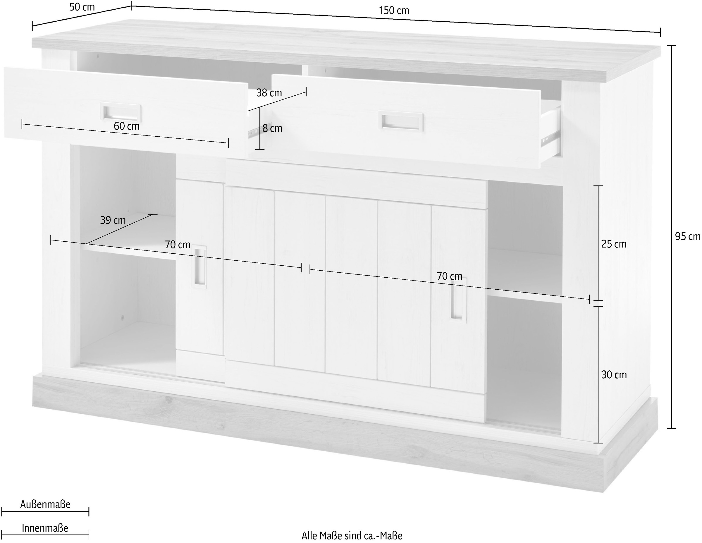 Home affaire Sideboard »Orlando, moderner Schrank, Kommode im Landhausstil«, 2 Schiebetüren & 3 Schubladen, silberne Griffmulden, 150 cm breit