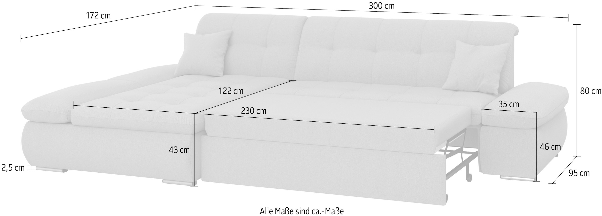 DOMO collection Ecksofa »Moric B/T/H 300/172/80 cm, auch in Cord, L-Form«, XXL-Format, wahlweise auch mit Bettfunktion und Armverstellung