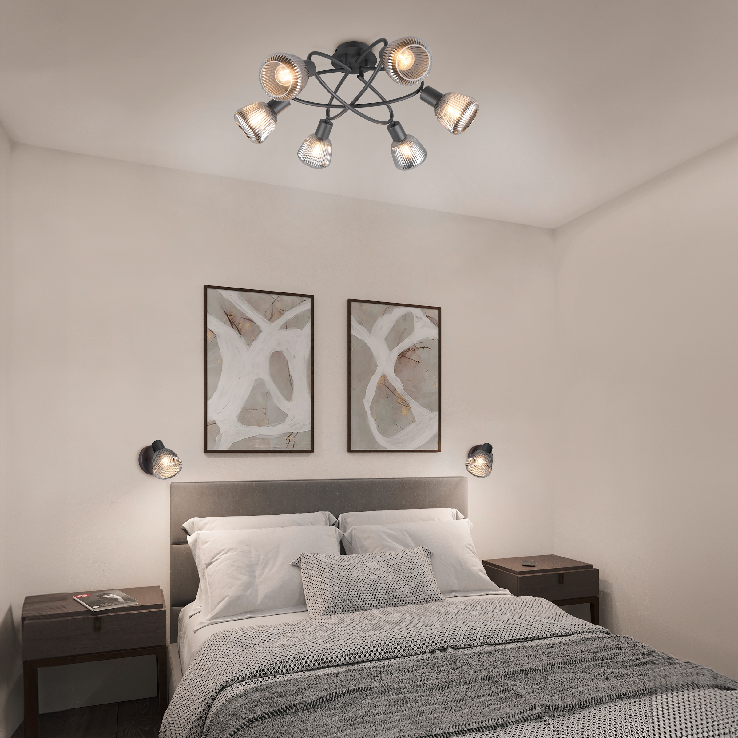 TRIO Leuchten Deckenleuchte »TARIFA, 6-flammige Deckenlampe exkl 6xE14 max 10W, Glas Hängelampe« E14 1 Stk. warmweiß - kaltweiß Ø 59cm, Glas Lampenschirme in Riffeloptik und leicht verspiegelt, IP20