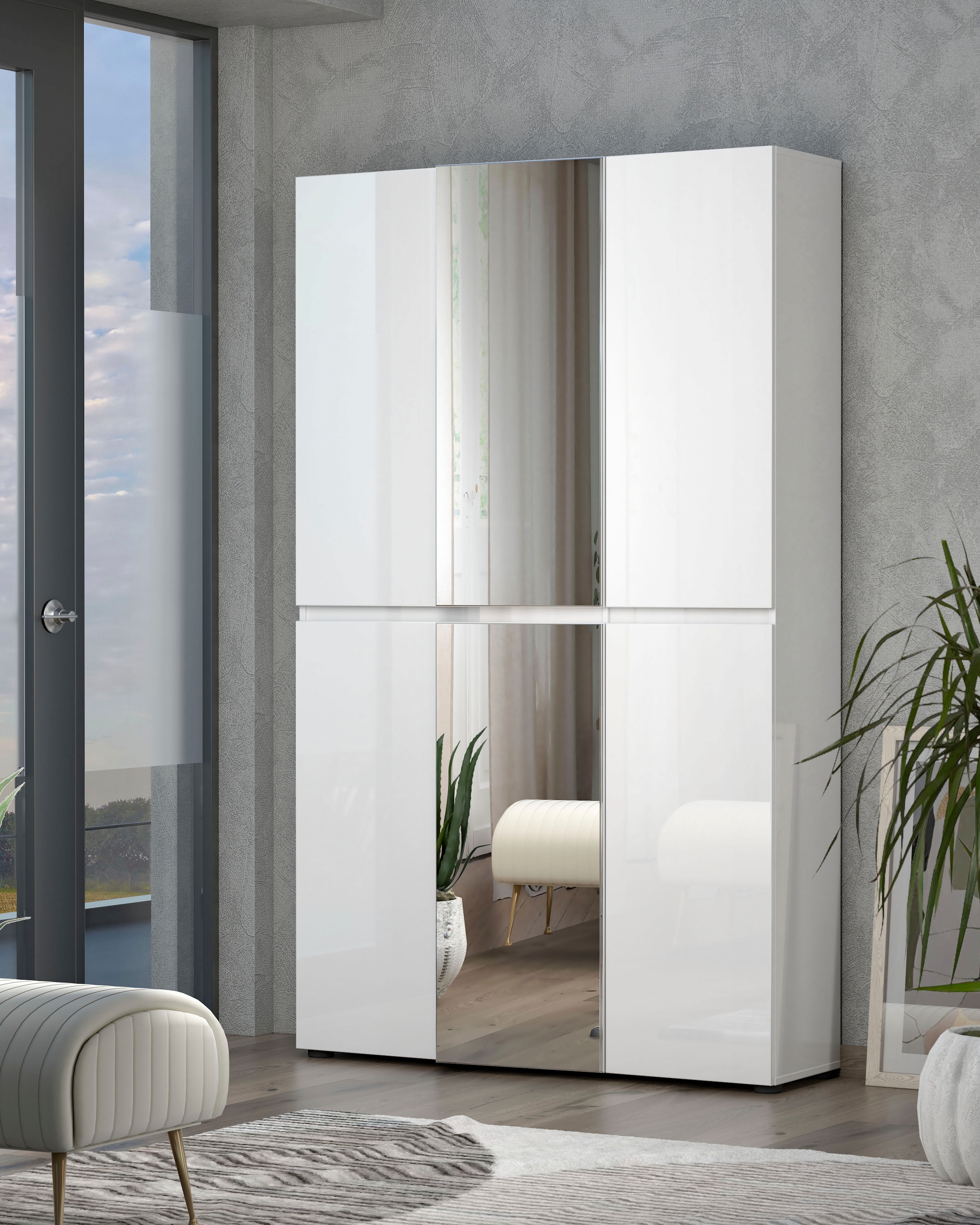 INOSIGN Schuhschrank »Mister,Schuhkommode,Schuhmöbel,Schuhablage,Schuhregal«, Breite 120 cm, Höhe 200 cm, Tiefe 34 cm, 6 Türen, 24 Fächer, 2 Spiegel