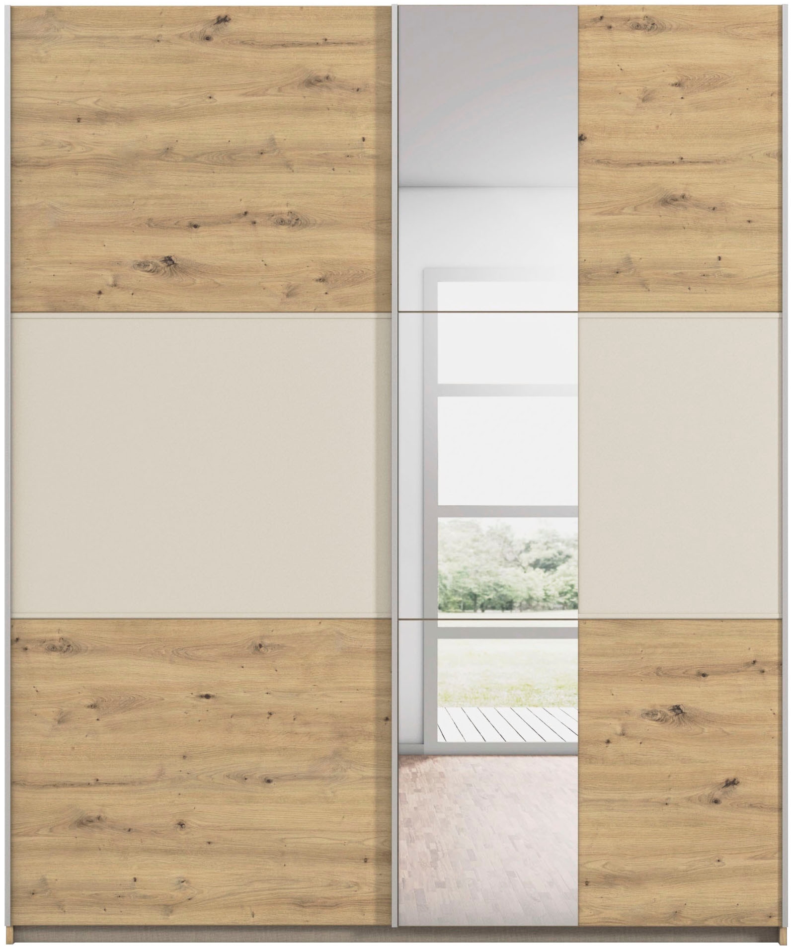 rauch Schwebetürenschrank »Kleiderschrank Schrank Garderobe  ASTANA« 3 Ausstattungen BASIC/CLASSIC/PREMIUM (inkl. SOFT-CLOSE-FUNKTION),  mit 3 Spiegelelementen, Metallgriffleisten alufarbig MADE IN GERMANY