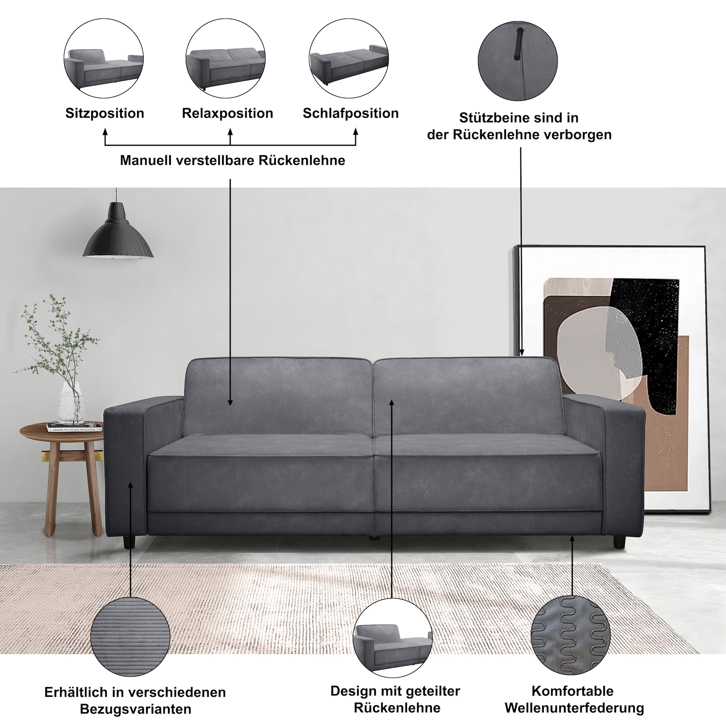 Dorel Home 3-Sitzer »ALLIE Schlafsofa 225 cm« Bett-Funktion (108/190cm), trendiger Cord o. pflegeleichter Velours