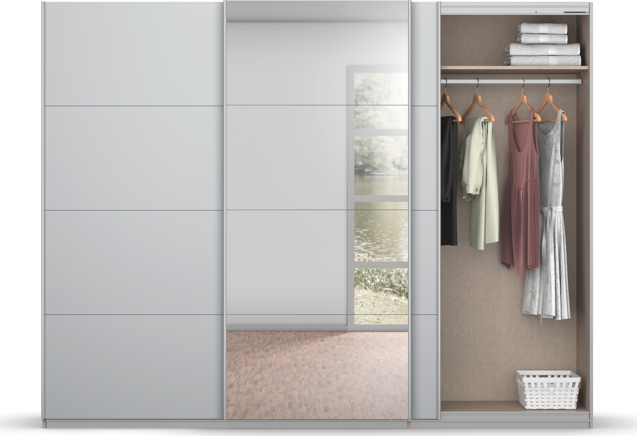 rauch Schwebetürenschrank »Kleiderschrank Schrank Garderobe KOLUNA mit Glastüren und Spiegel«, inkl. 2 Innenschubladen sowie extra Einlegeböden MADE IN GERMANY