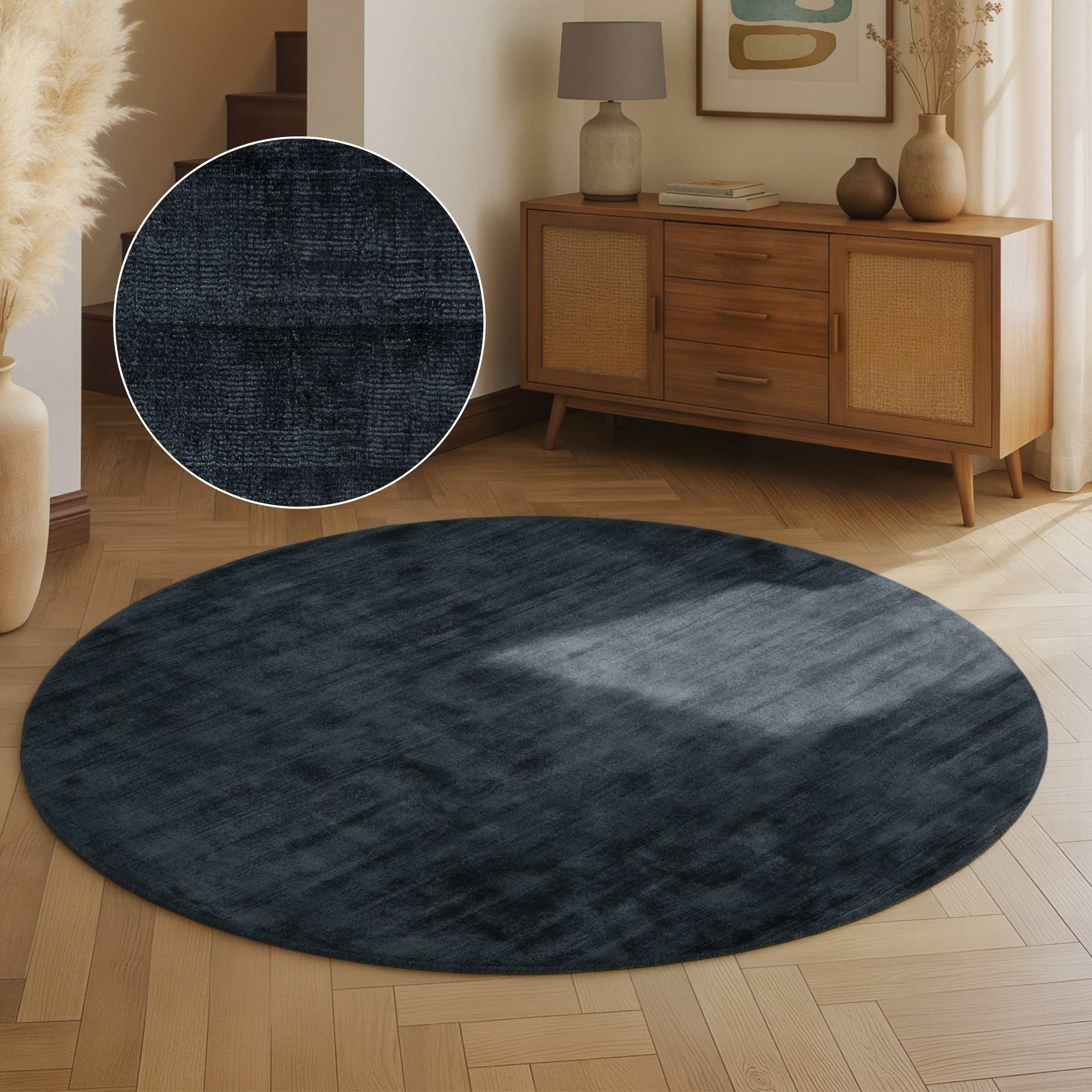 THE RUGS Vikosa Jane Viscose Soft Plain Rug Living Room in Black | Size: 200cm diameter