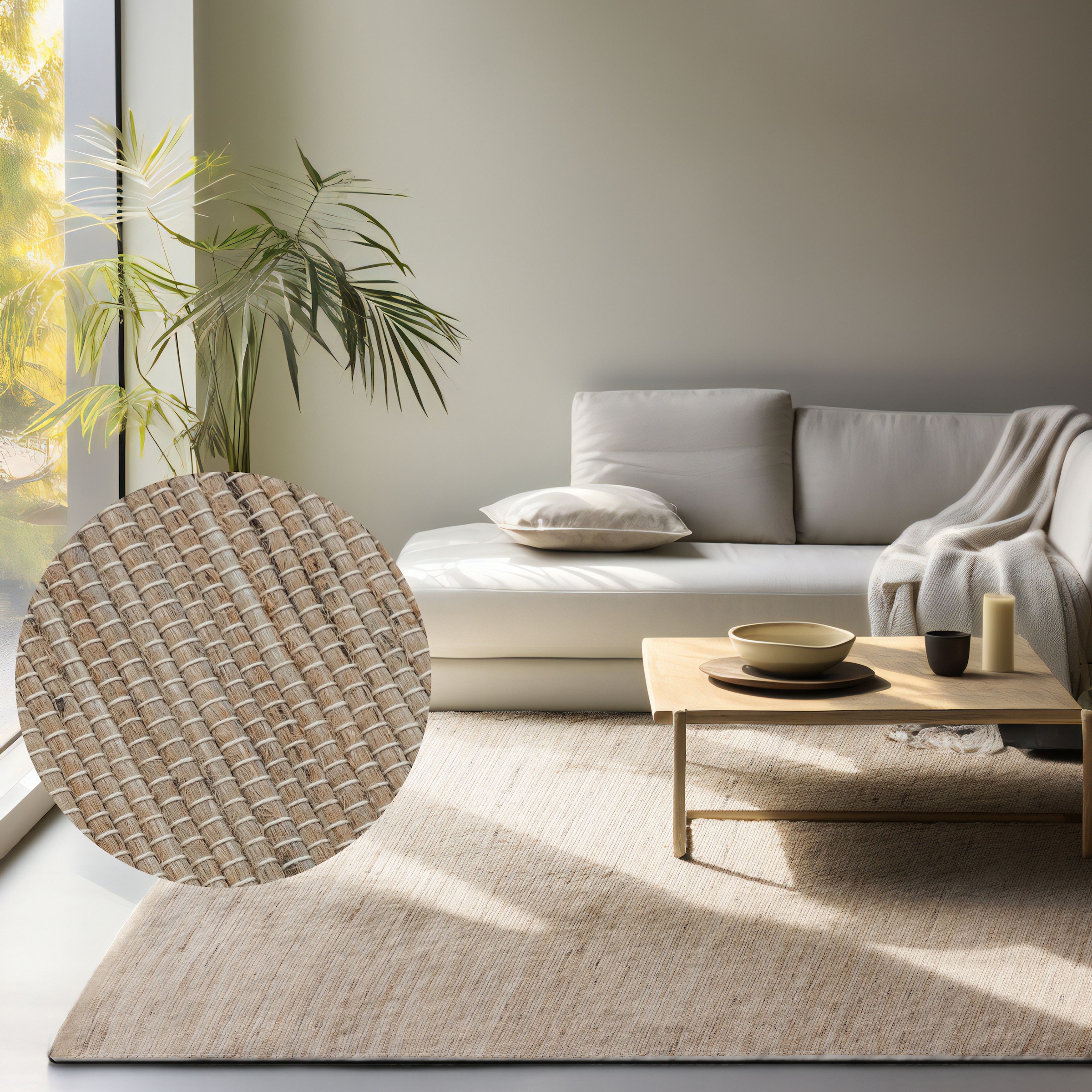 THE RUGS Handloom Jute Rug Dhaka Natural Jute Wool Cotton Woven Rug in Beige | Size: 120cm x 170cm