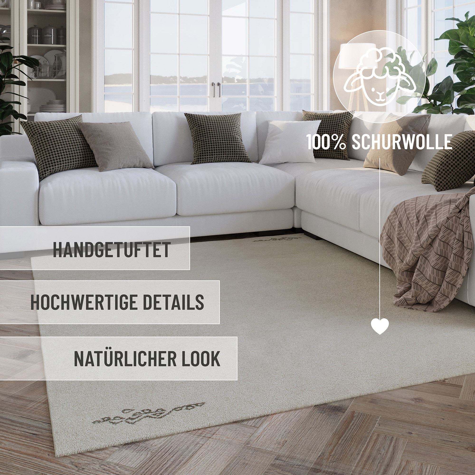 Wecon home Wollteppich »Hamptons FORTYFOUR«, rund, 20 mm Höhe, Schurwolle, Kurzflor, Wohnzimmer, Schlafzimmer, elegant, Ornamente