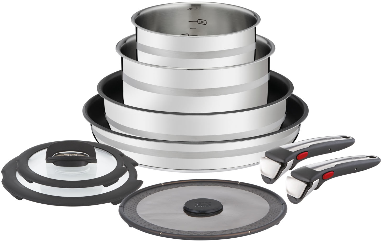 Tefal Pfannen-Set "Jamie Oliver Ingenio, Pfannenset abnehmbarer Griff, antihaftversiegelt" Edelstahl 2x Pfannen Ø 24/28 cm, 2x Kasserollen Ø 16/20
