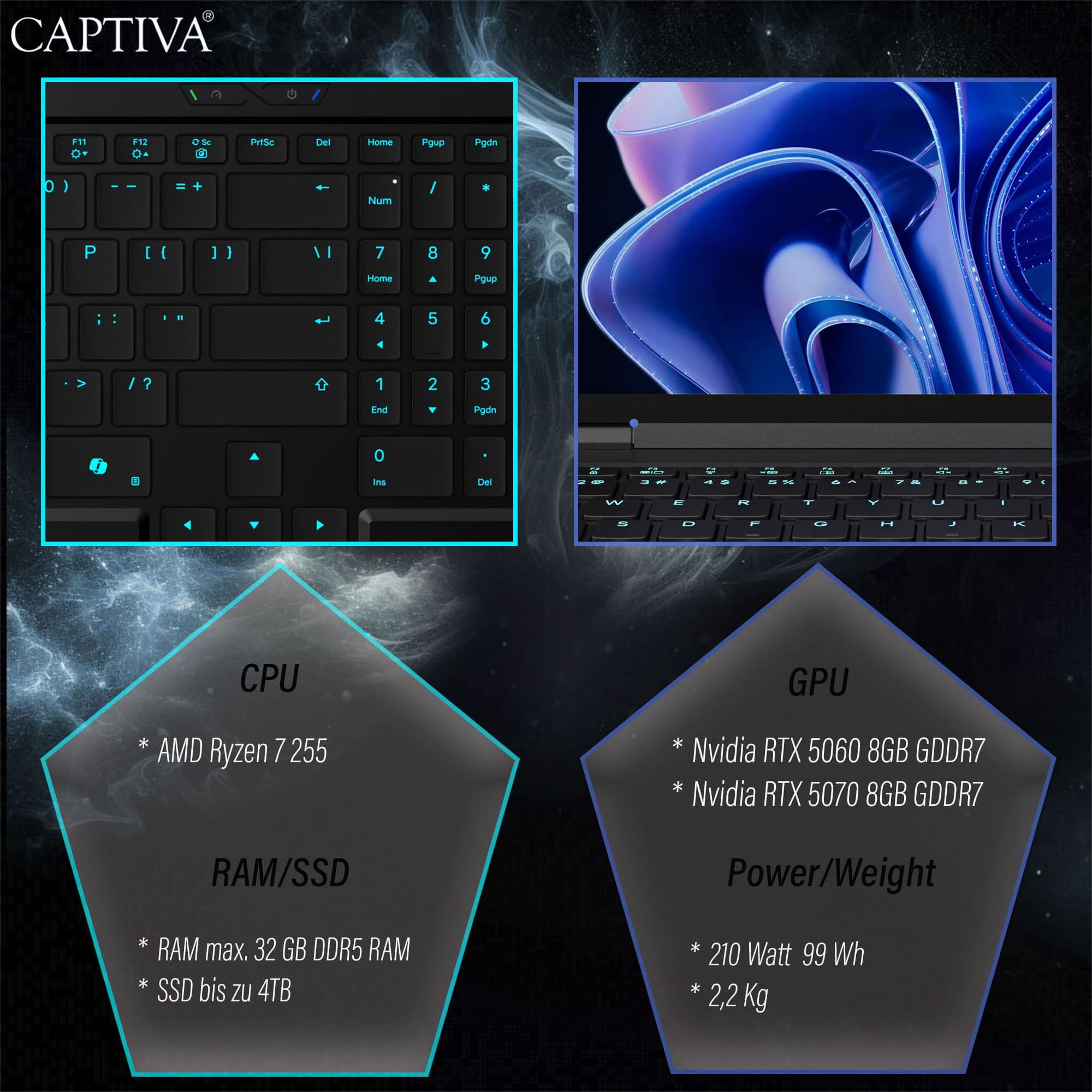 CAPTIVA Gaming-Notebook »Highend Gaming R10-1033GE« 38,9 cm / 15,3 ″ AMD Ryzen 7 GeForce RTX 5070 2.000 GB SSD