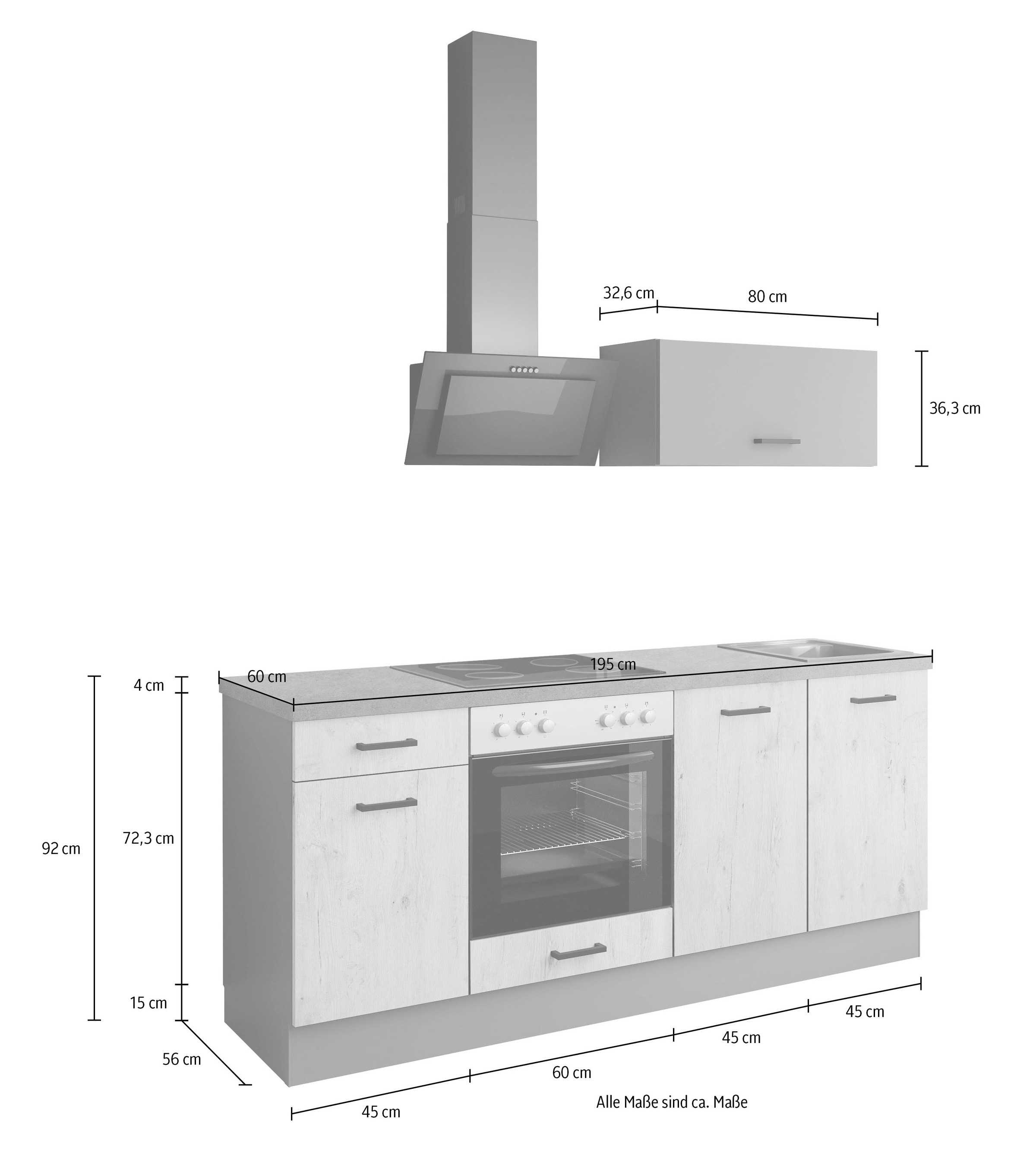 IMPULS KÜCHEN Küchenzeile »"Lissabon", Ausrichtung wählbar, Schubkästen mit Soft-Close,«, (Set), vormontiert, wahlweise mit E-Geräten, mit Vollauszug, Breite 195 cm