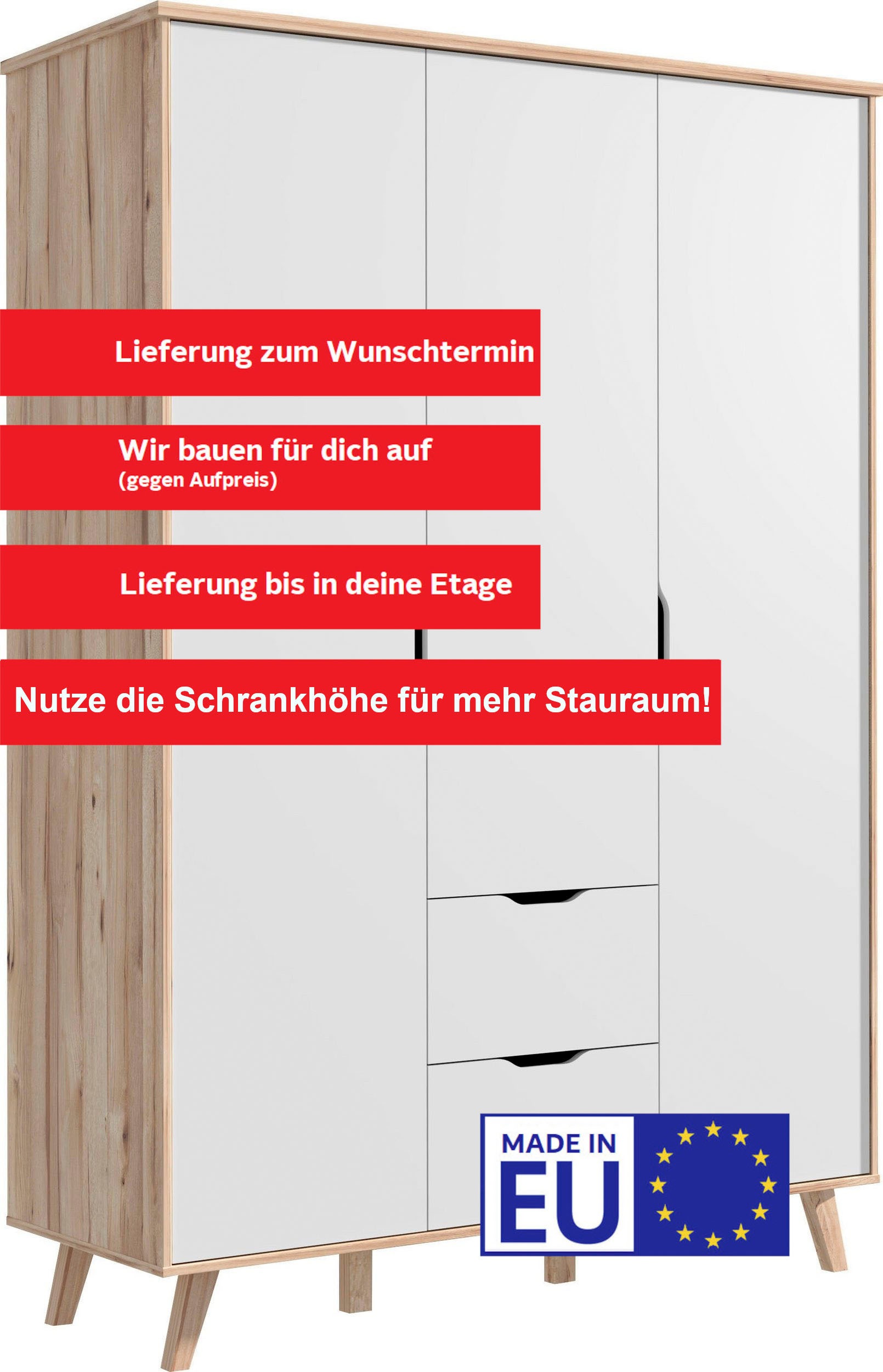 FORTE Drehtürenschrank »Vankka, Kleiderschrank, viel Stauraum,«, (B/H/T ca.140x200x52cm), Made in Europe,mit Einlegeböden+Kleiderstange+Schubladen,grifflos