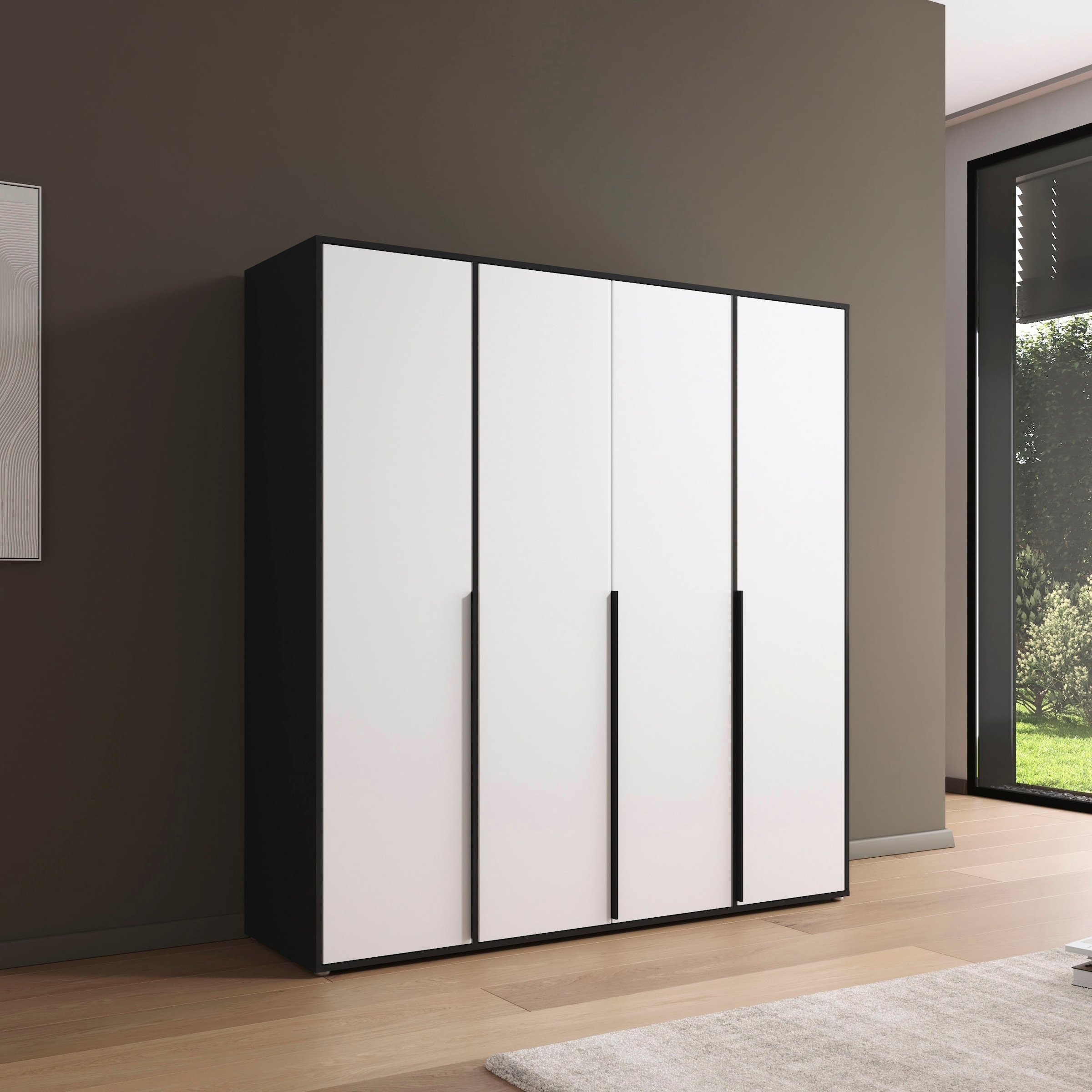 rauch Drehtürenschrank »Kleiderschrank Schrank Garderobe Wäscheschrank NAGATA viel Stauraum«, (in 3 verschiedenen Ausstattungen BASIC/CLASSIC/PREMIUM), mit modernen Stangengriffen in Graumetallic TOPSELLER MADE IN GERMANY