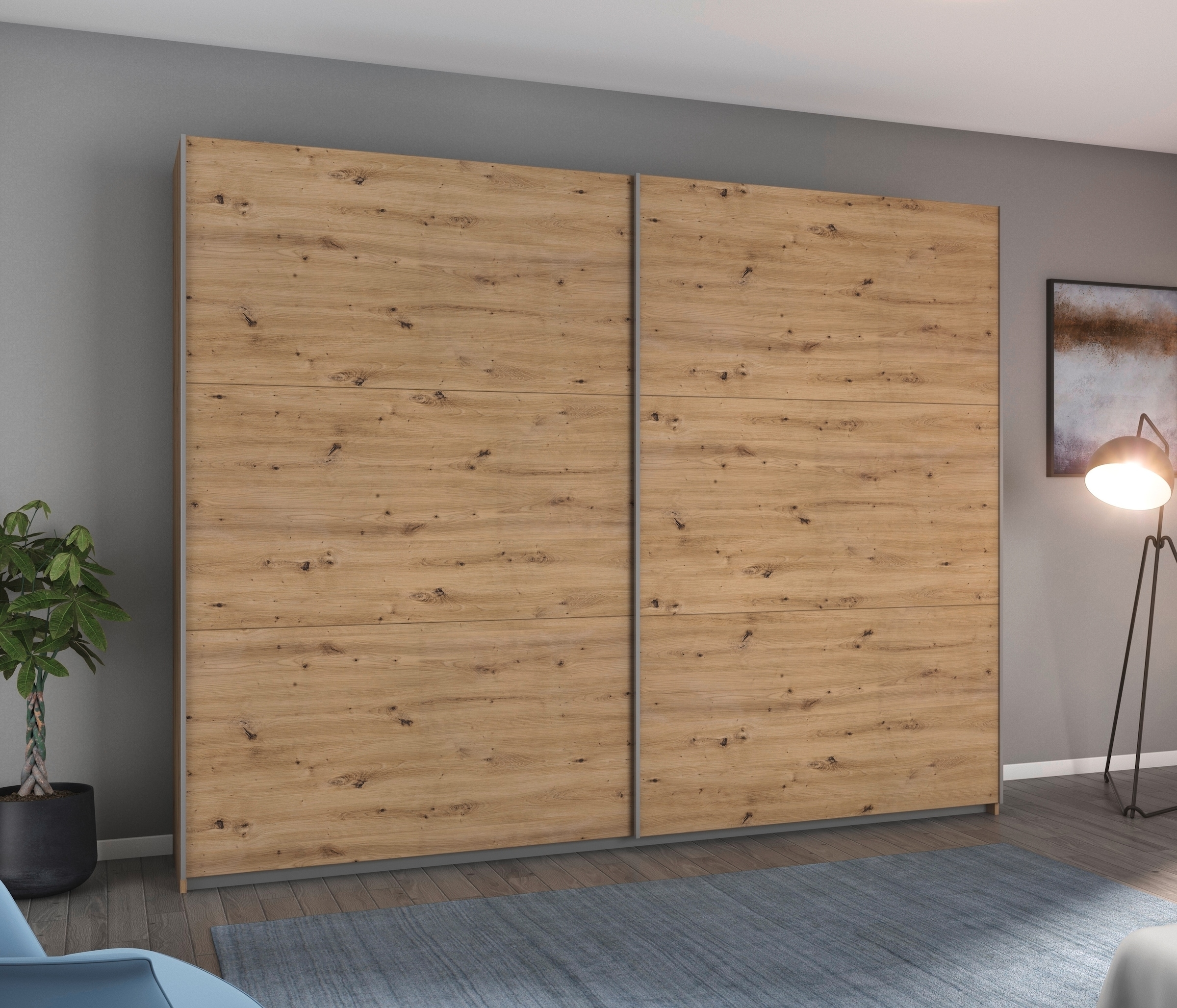 rauch Schwebetürenschrank "AURELIO Kleiderschrank Garderobe" 3 Ausstattungen BASIC/CLASSIC/PREMIUM (inkl. SOFT-CLOSE-FUNKTION), 3 verschiedene Ausstattungsvarianten Griffe aus Metall MADE IN GERMANY