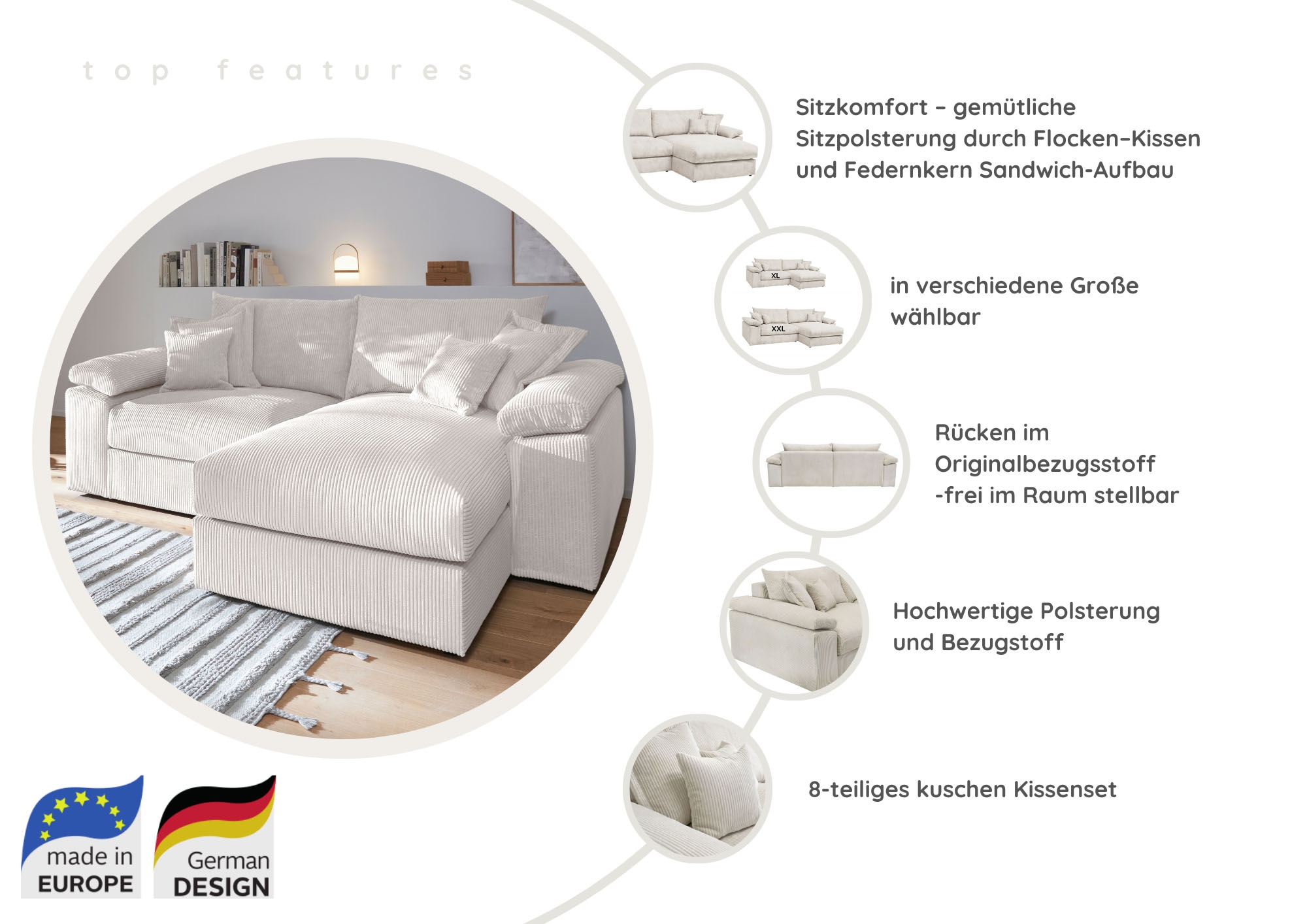 Home affaire Ecksofa »Soft&Cosy XL L-Form, B: 246 cm«, Mega-Sofa, Cord oder Chenille-Struktur, mit Federkern & 4 Zierkissen